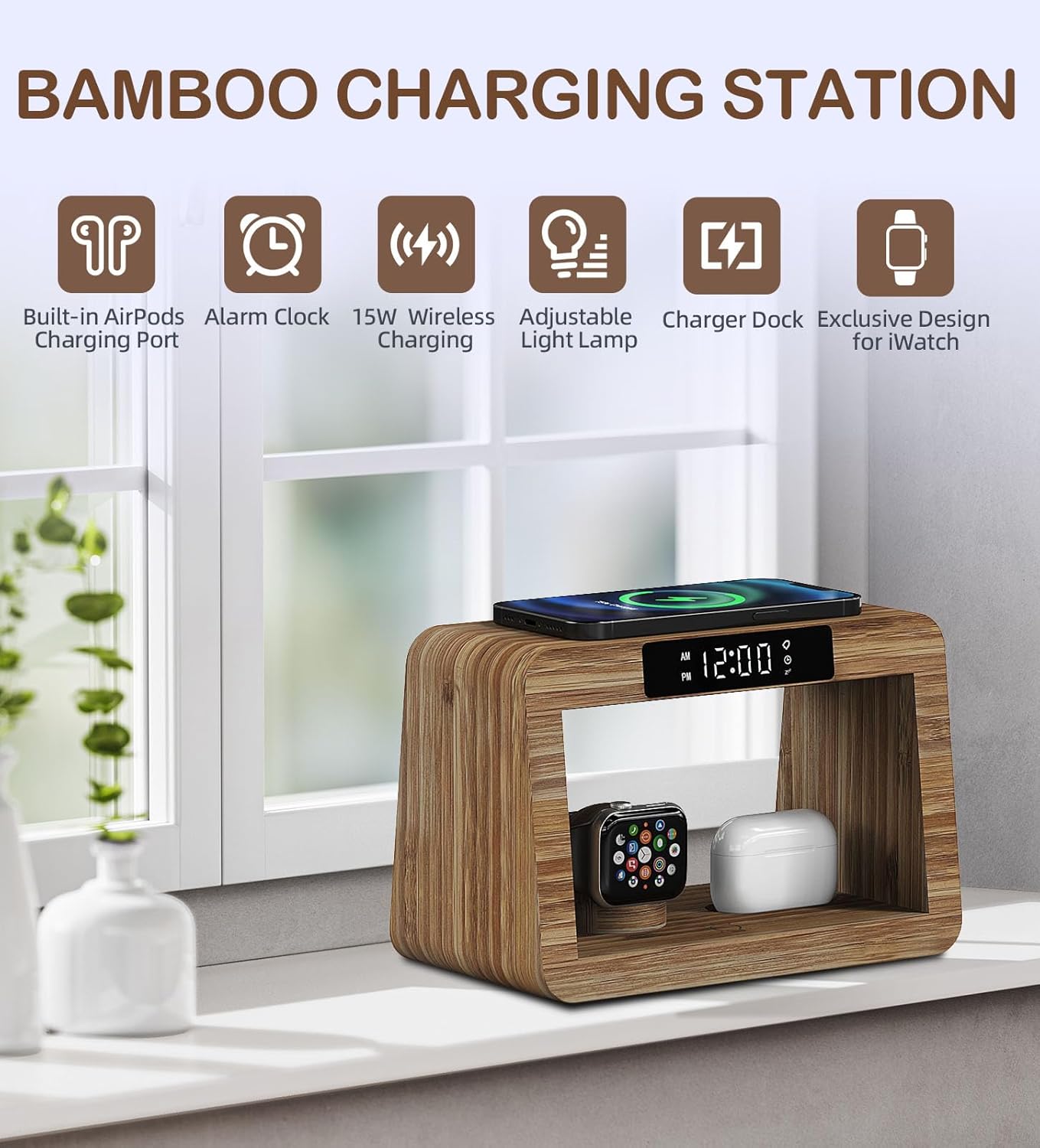 Wireless Charging Station with Clock, Desk Lamp 15W Fast Wireless Charger Night Light with 3 Color, Bamboo Wireless Charging Station Dock for iPhone/AirPod/iWatch, Gifts for Women Men