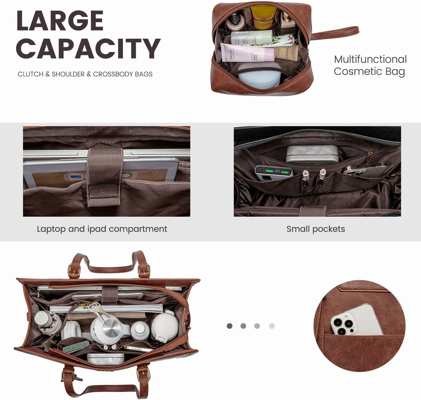 LOVEVOOK Laptop Bag for Women Vintage Leather Laptop Tote 17.3 inch Large Capacity Computer bag with Clutch Purse for Work