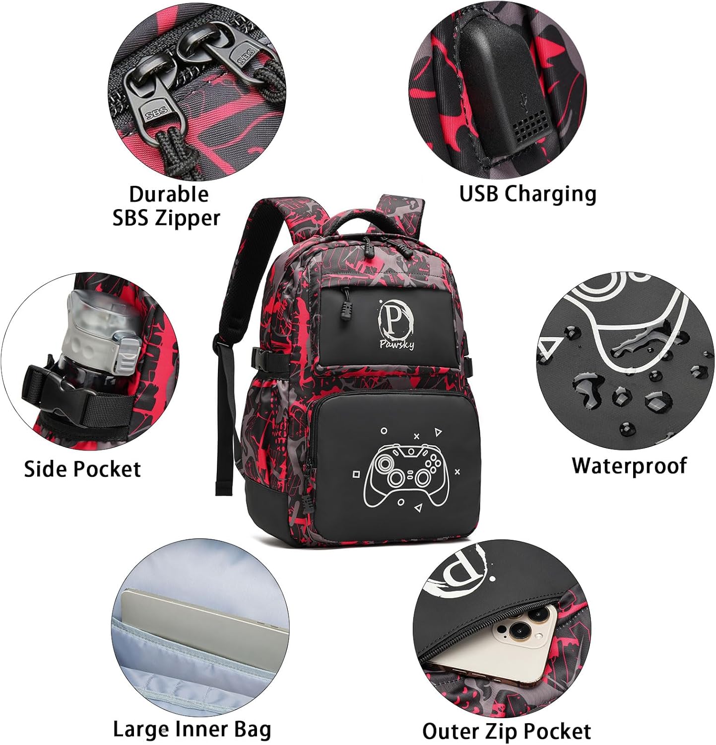 Kids Backpack for Boys Girls Elementary Primary Middle School Bags Cool Luminous School Backpack with USB Charging Port, College Bookbag Lightweight Laptop Bag with Sling Bag Set, Red