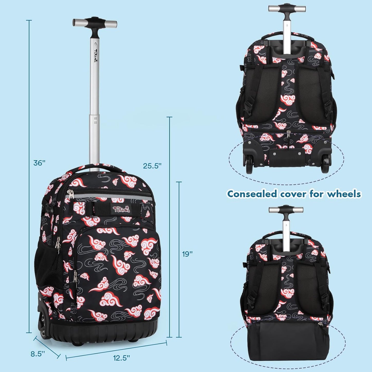 Tilami Rolling Backpack & Lunch bag for Kids 19 Inch Wheeled Bookbag for Boys & Girls for School & Travel,Clouds Black