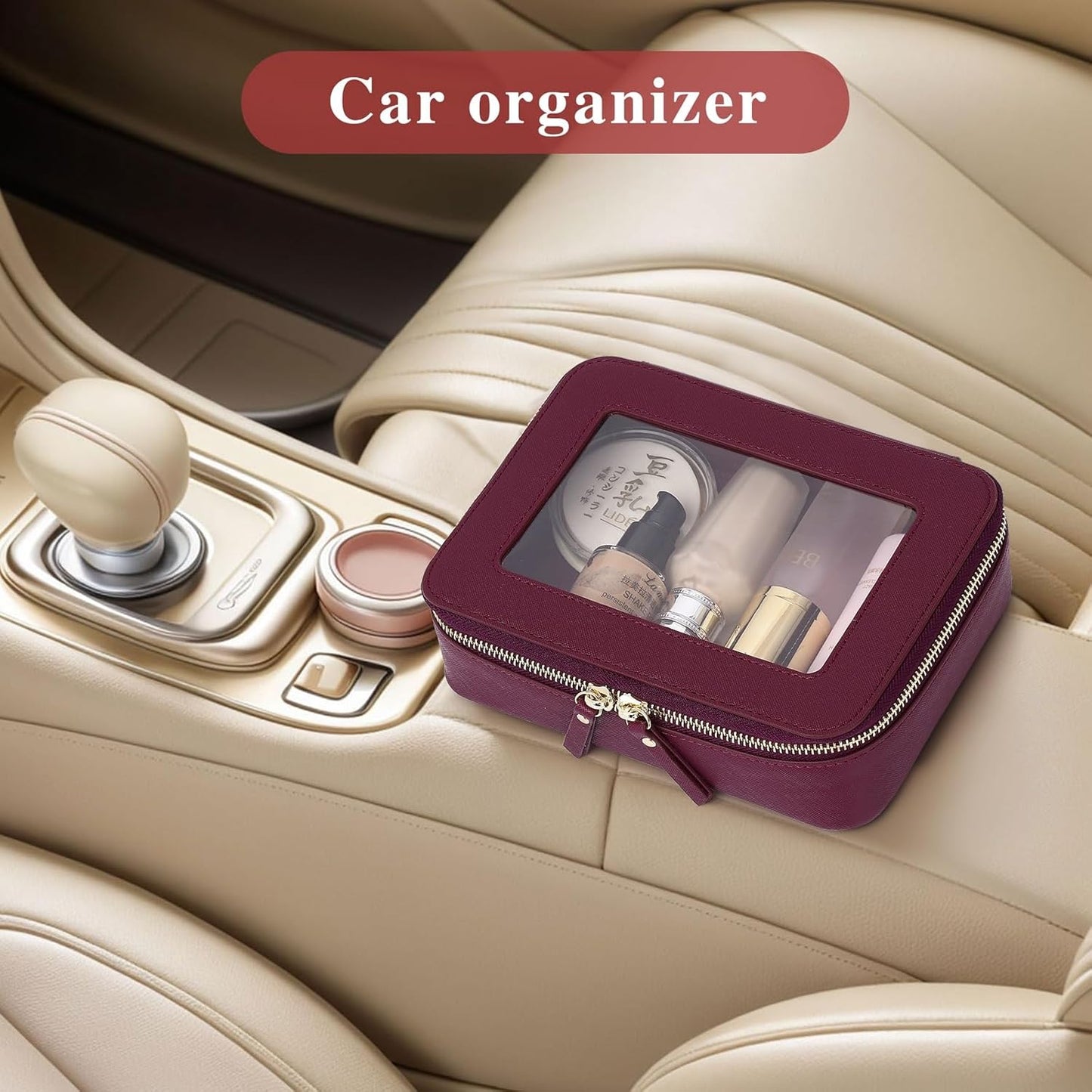 Travel Makeup Set Waterproof Transparent Cosmetic Bag and Toiletry Bag Makeup Brush case with Zipper Car Essentials for Women (Burgundy, L+M+SLIM)