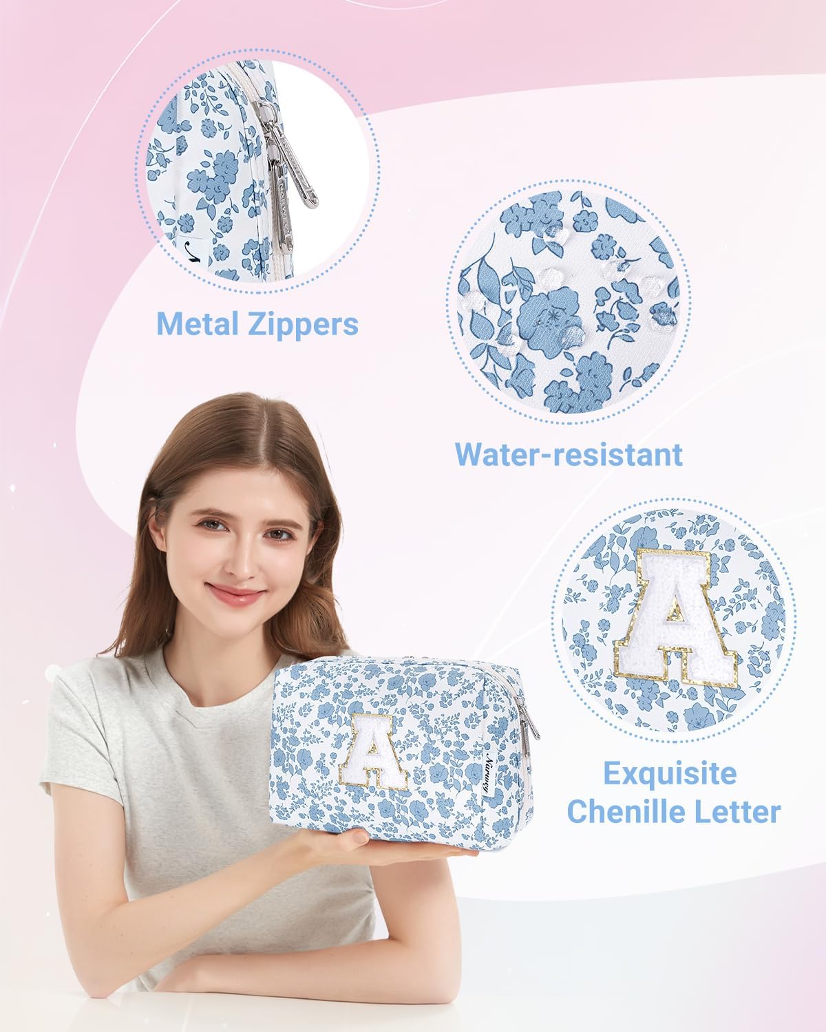 Narwey Christmas Gifts for Teen Girls Kids Women Personalized Initial Floral Makeup Bag Cute Cosmetic Trendy Stuff 6 8 10 11 12 13 14 16 18 Years Old Travel Toiletry Bag (Little Blue Flower A)