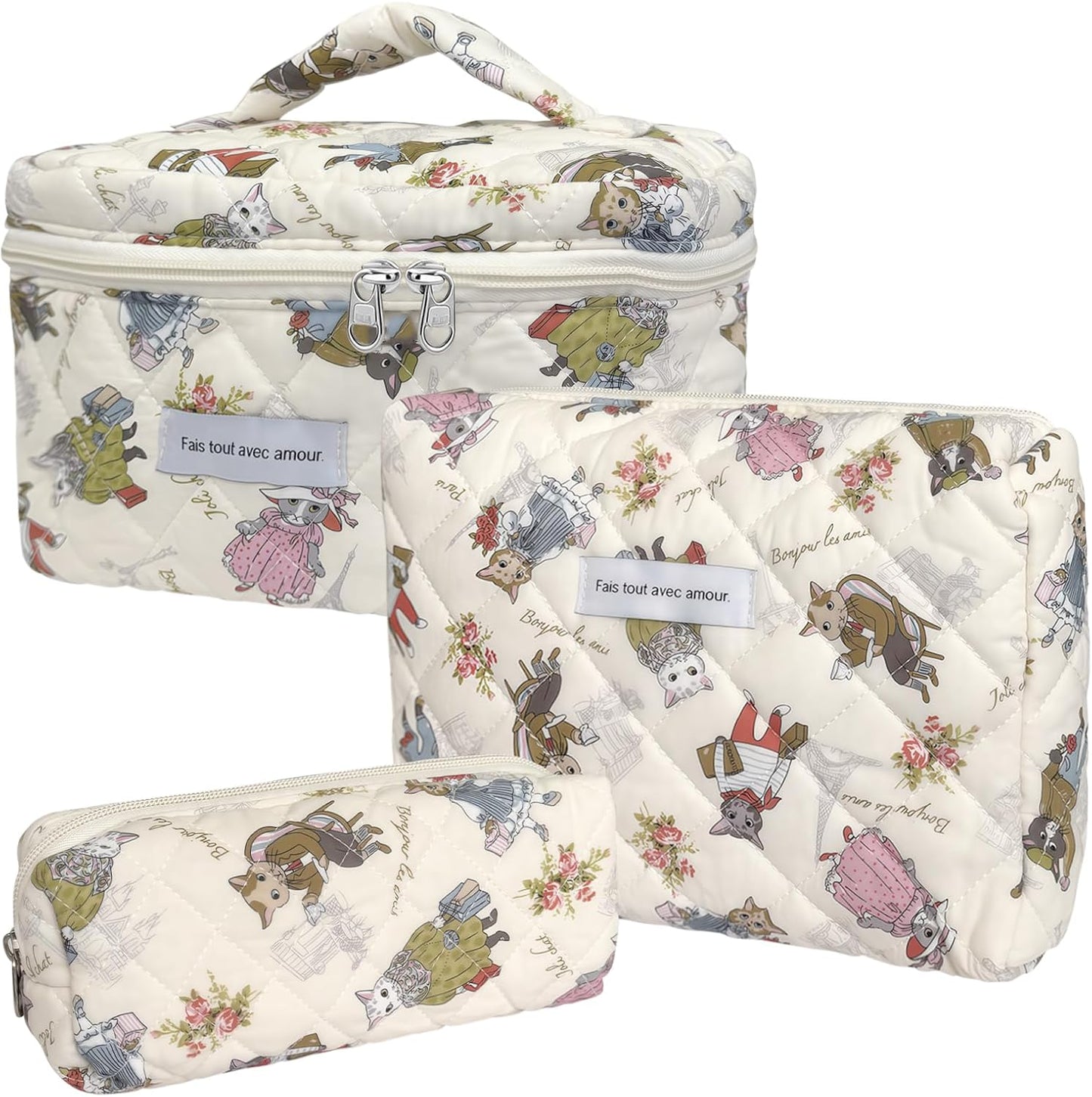 Quilted Makeup Bag, Large Capacity Travel Cosmetic Bag for Women and Girls, Aesthetic Storage for Daily and Travel Use (3pcs-catanimalprint, Pink Bow)
