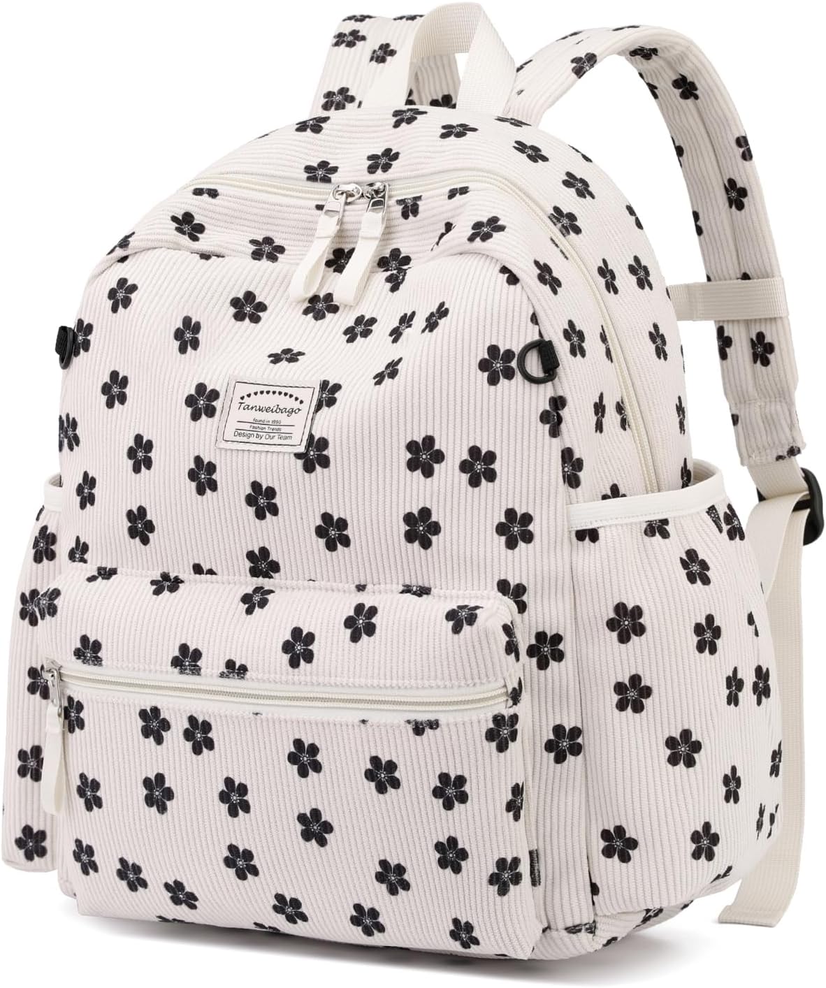 Corduroy Kids Backpack for Boys Girls Backpacks for Primary Elementary Kindergarten 6-10 (Flower Black, Medium (15" H Fit A4 Folder))