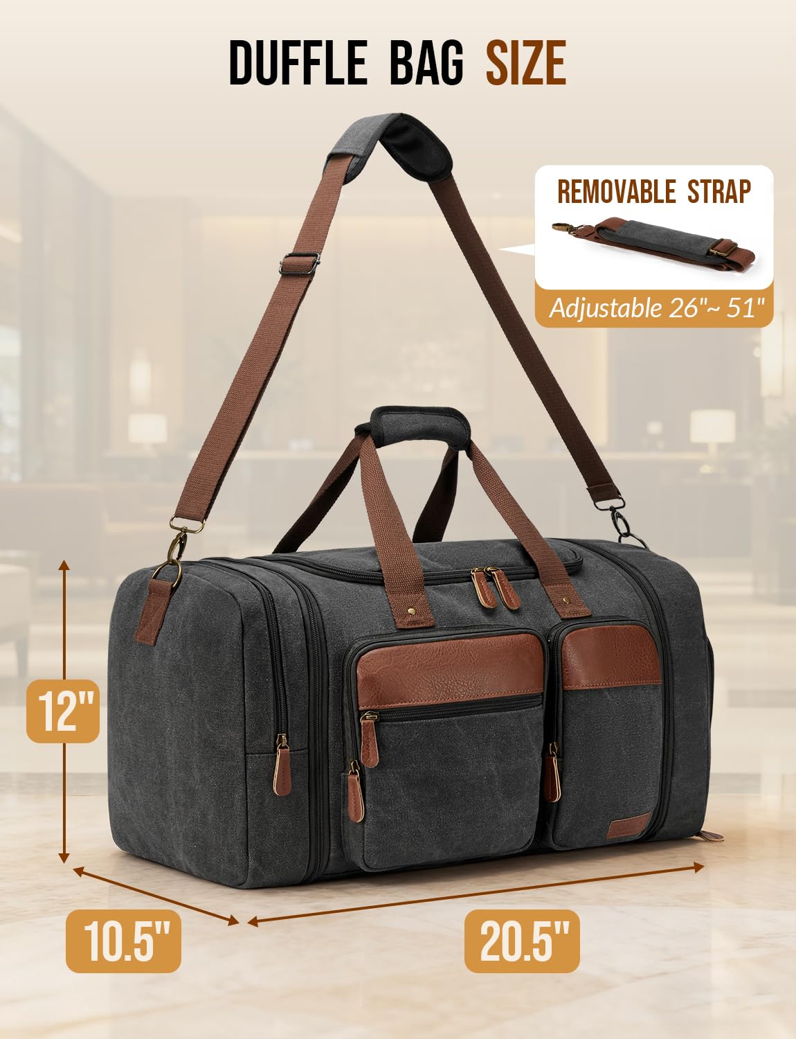 Celvetch Canvas Duffle Bag for Travel 50L Expandable, Dark Grey