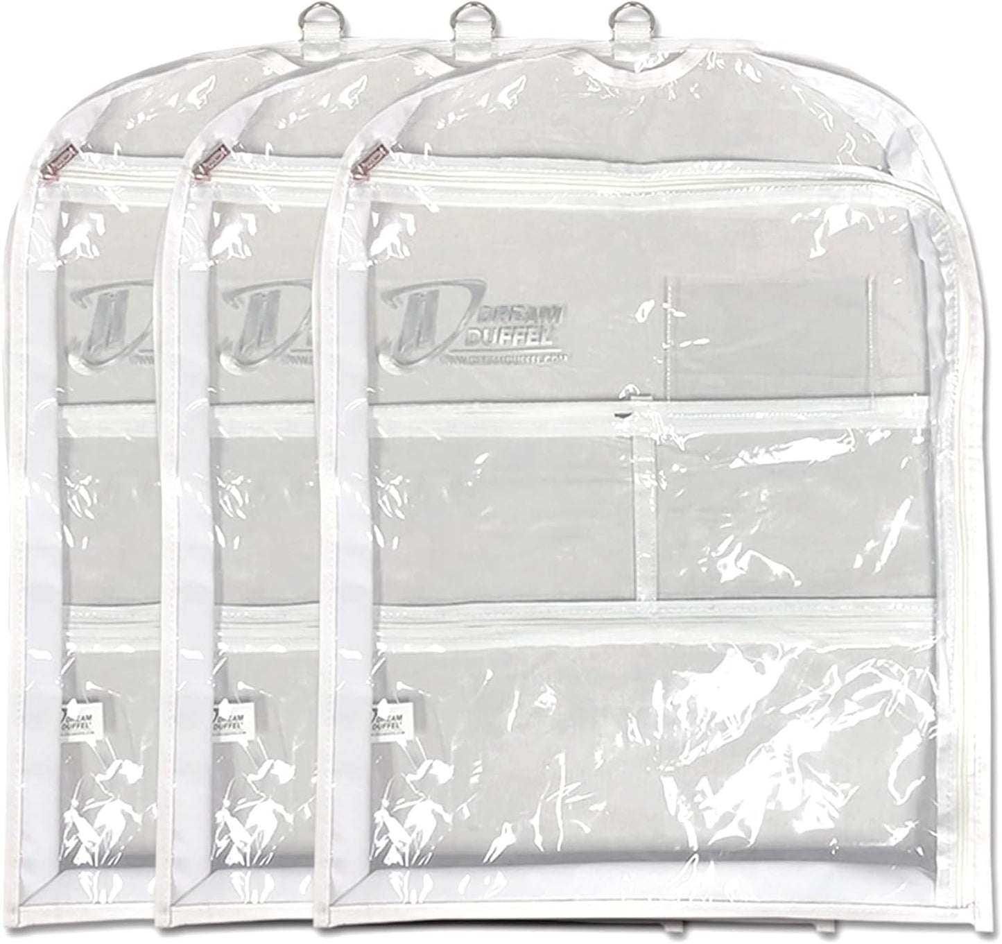 Clear Garment Bags for Dance Costumes 3-Pack, Gusseted, Short-Size, Side Zipper Entry, Storage Pockets for Accessories, 24”x18”x2”, Dream Duffel