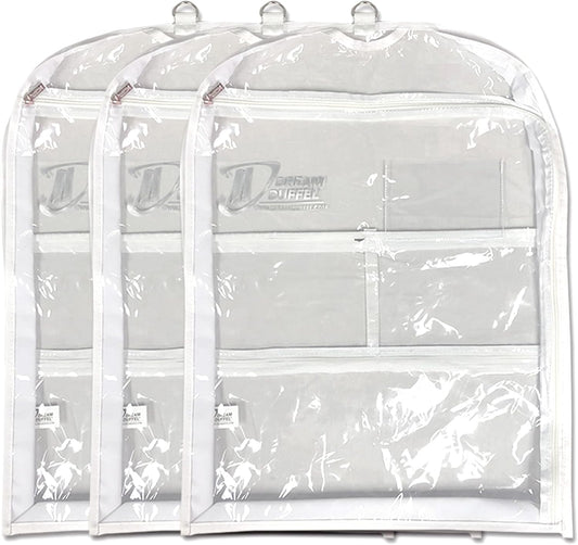 Clear Garment Bags for Dance Costumes 3-Pack, Gusseted, Short-Size, Side Zipper Entry, Storage Pockets for Accessories, 24”x18”x2”, Dream Duffel