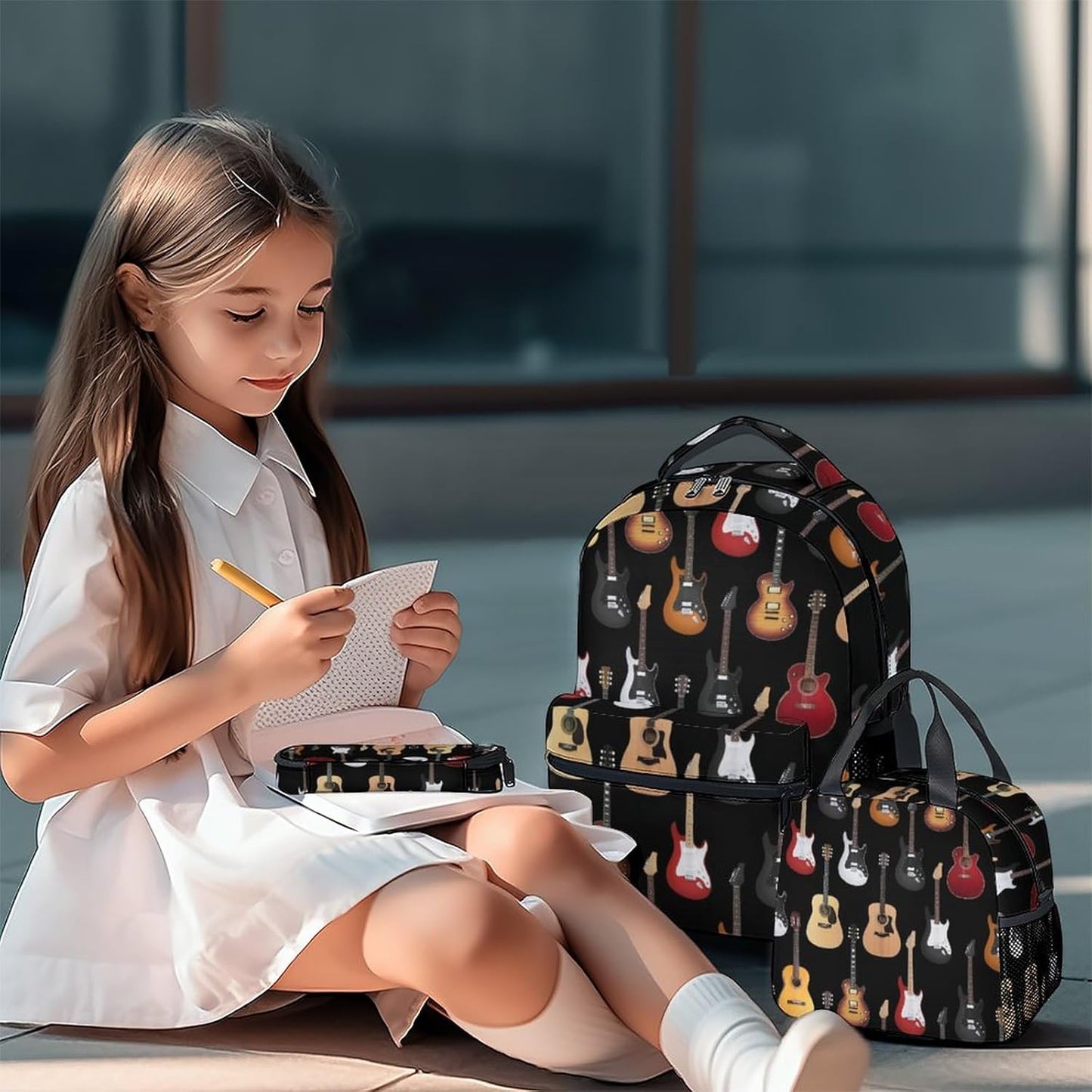 Mercuryelf Guitar Kids Backpack with Lunch Box Set, 3 in 1 School Backpacks Matching Combo, Popular Black Bookbag and Pencil Case Bundle