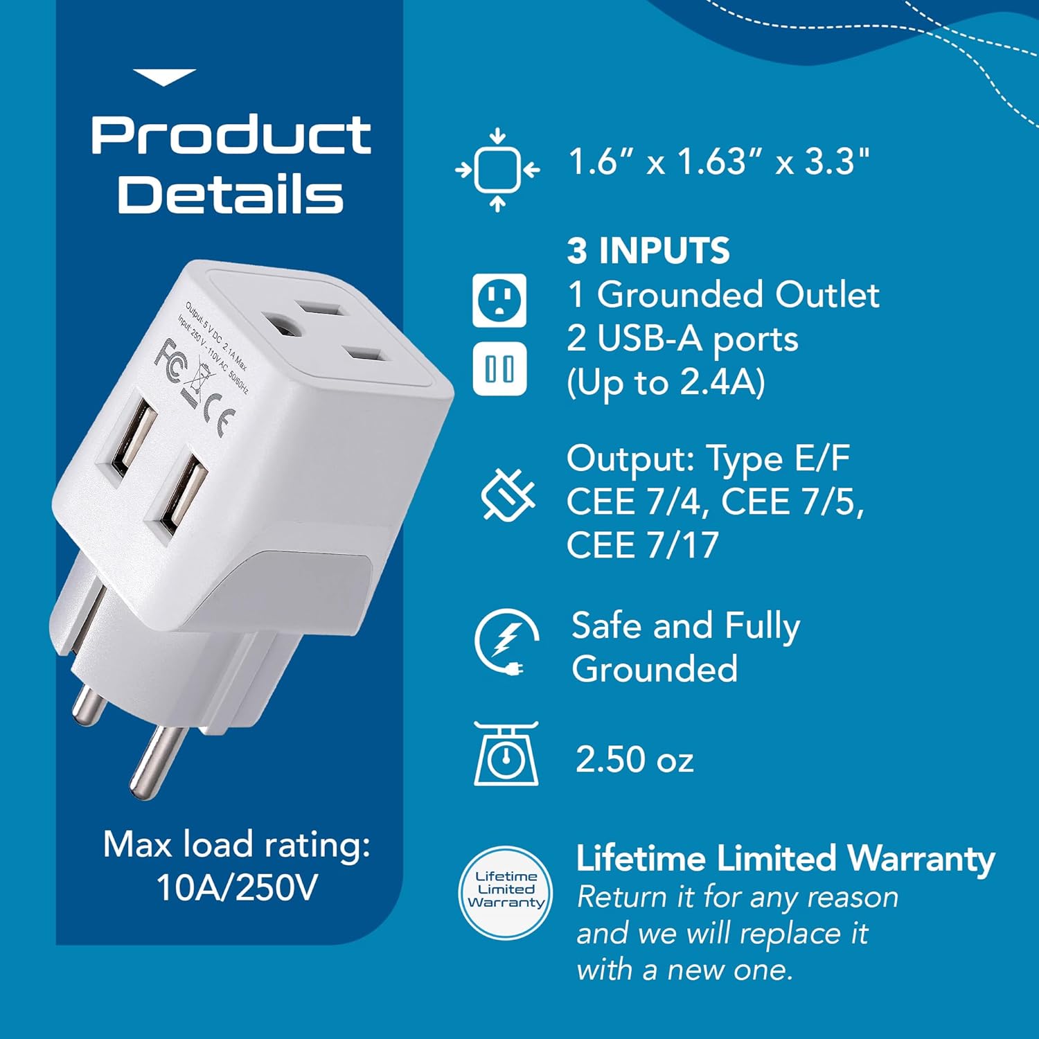 Ceptics Schuko, Germany, France, Spain Travel Adapter Plug with Dual USB - Usa Input Type E/F