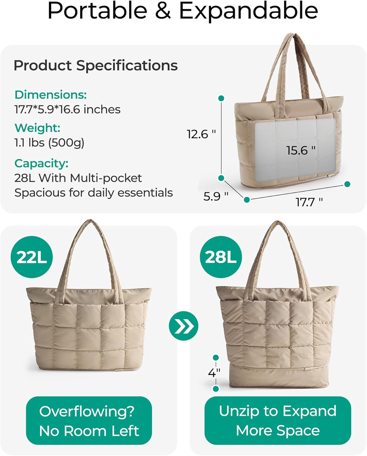 BAGSMART Expandable Tote Bag for Women, Puffer Work Tote Handbag, Quilted Carry-On Travel Gym Bag