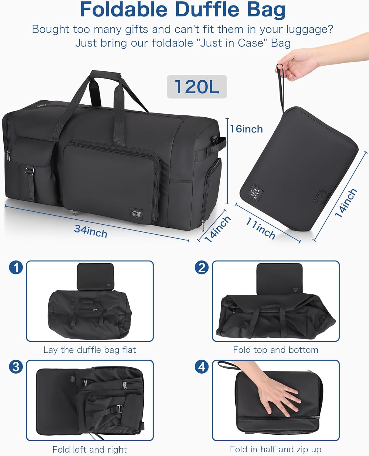 120L Travel Duffle Bag for Men and Women, Urtala 34” Large Duffle Bag for Traveling with Shoes Compartment, Foldable Travel Duffel Bags, Waterproof and Tear Resistant