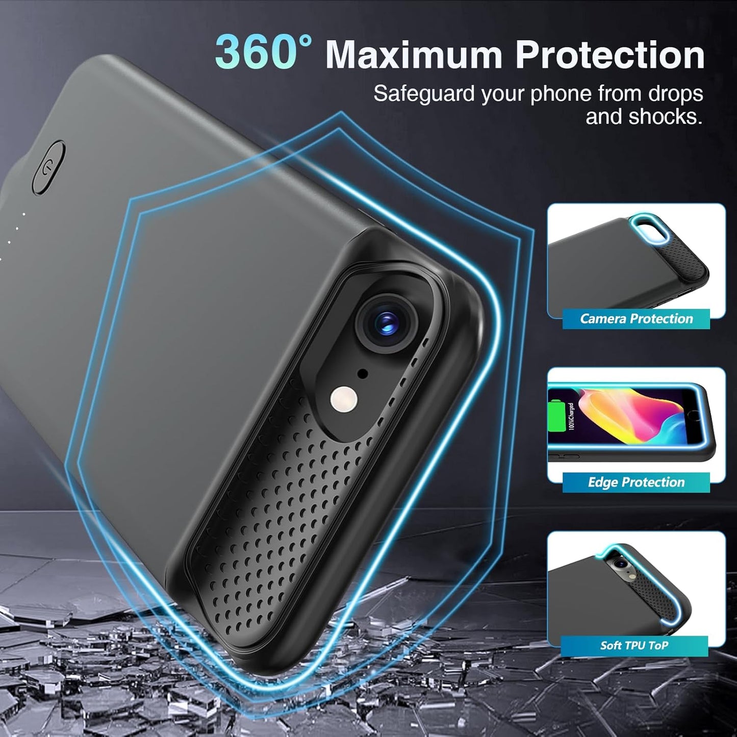 GIN FOXI Battery Case for iPhone SE(22nd/20nd)/8/7/6/6s,Ultra Slim Charging Case Charger 6000mAh Powerful Rechargeable Battery Pack for iPhone 8/7/6s/6/SE(2nd/3nd)-4.7" Black