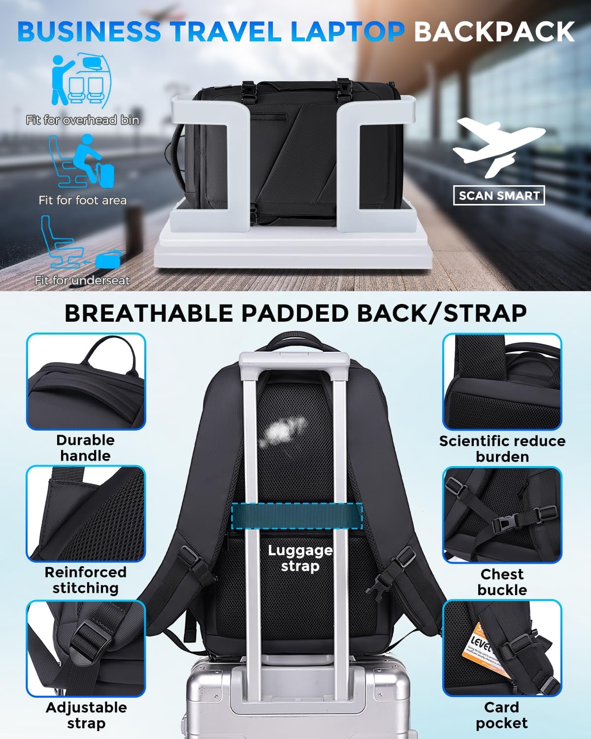 30L Travel Backpack for Men, Flight Approved Carry on Backpack Fits 17 inch Laptop, Water-resistant Large Luggage Weekender Bag Daypack for Traveling, Sports, Business, Black