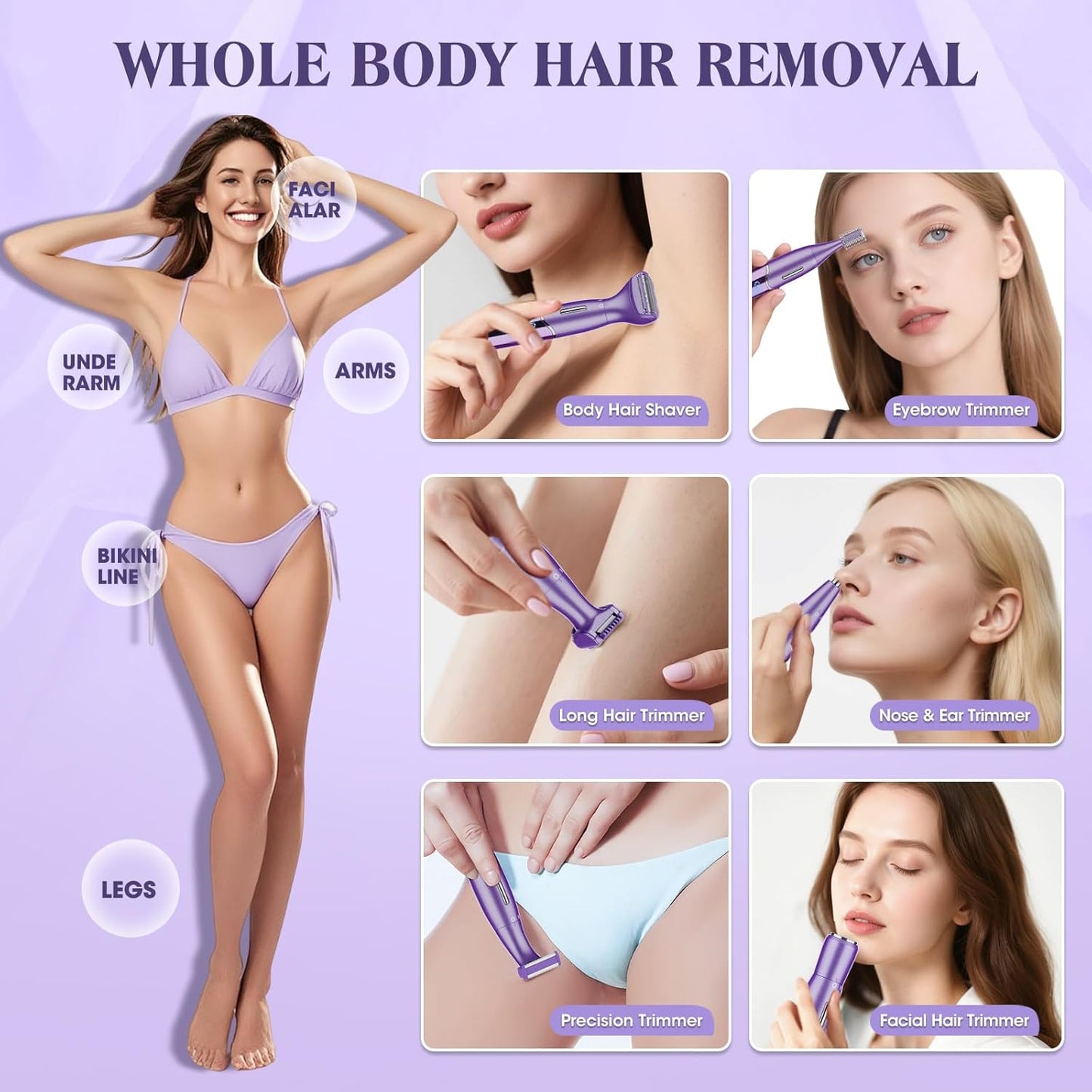Electric Razor for Women,6 in 1 Women's Bikini Trimmer Shaver for Women & Men Pubic Hair, Private Area, Legs, Eyebrow,Face, Nose, Eyebrow, Body Hair Removal IPX5 Waterproof Wet & Dry