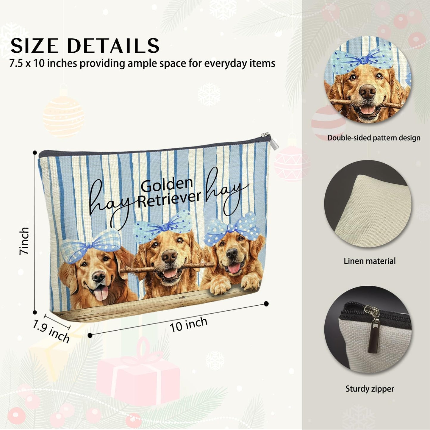 Blue Coquette Bow Golden Retriever Makeup Bag Gifts for Women, Golden Retriever Lovers Gifts Cosmetic Bag, Rustic Preppy Dog Blue Striped Zipper Makeup Pouch Travel Toiletry Bag
