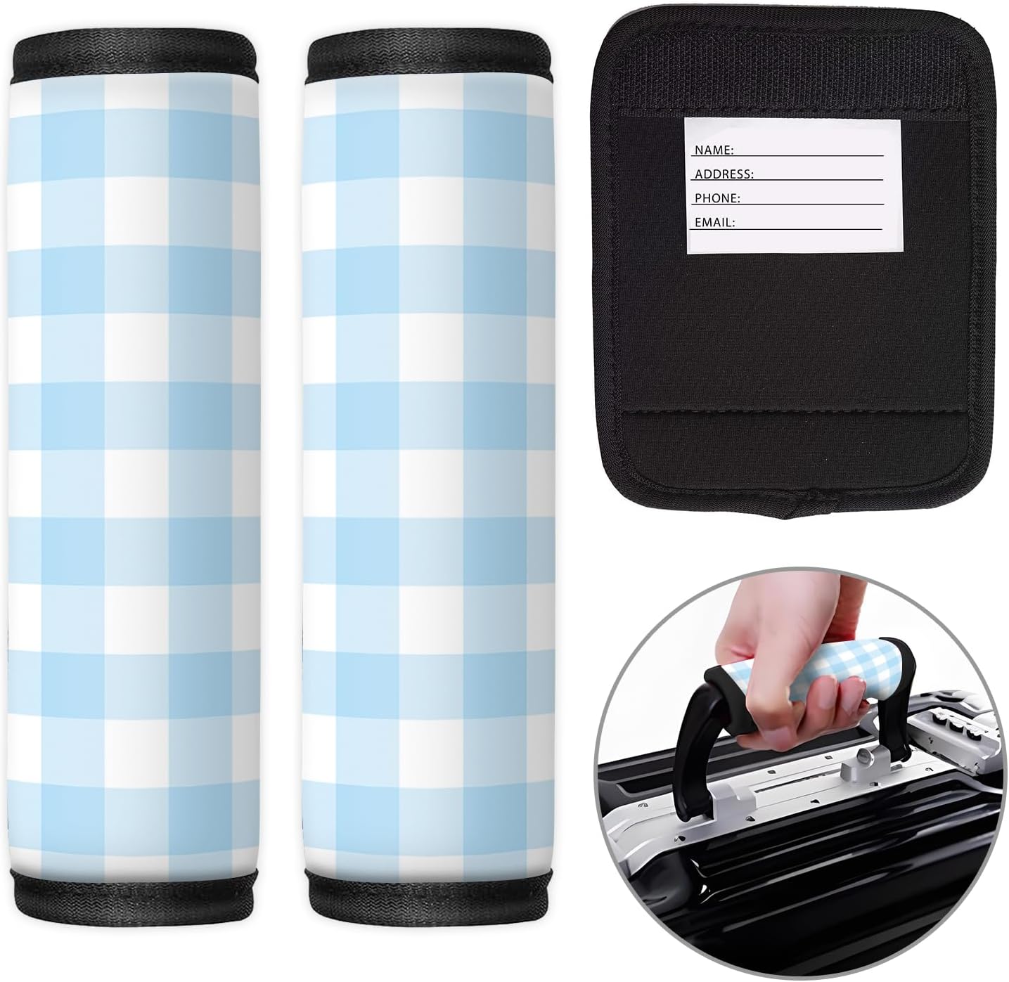 2 Pack Luggage Handle Wrap Travel Tags - Set of Luggage Tags for Suitcases, Identifiers, Marker, and Handle Covers - Cruise Accessories and Travel Gifts（Cute Blue Chessboard