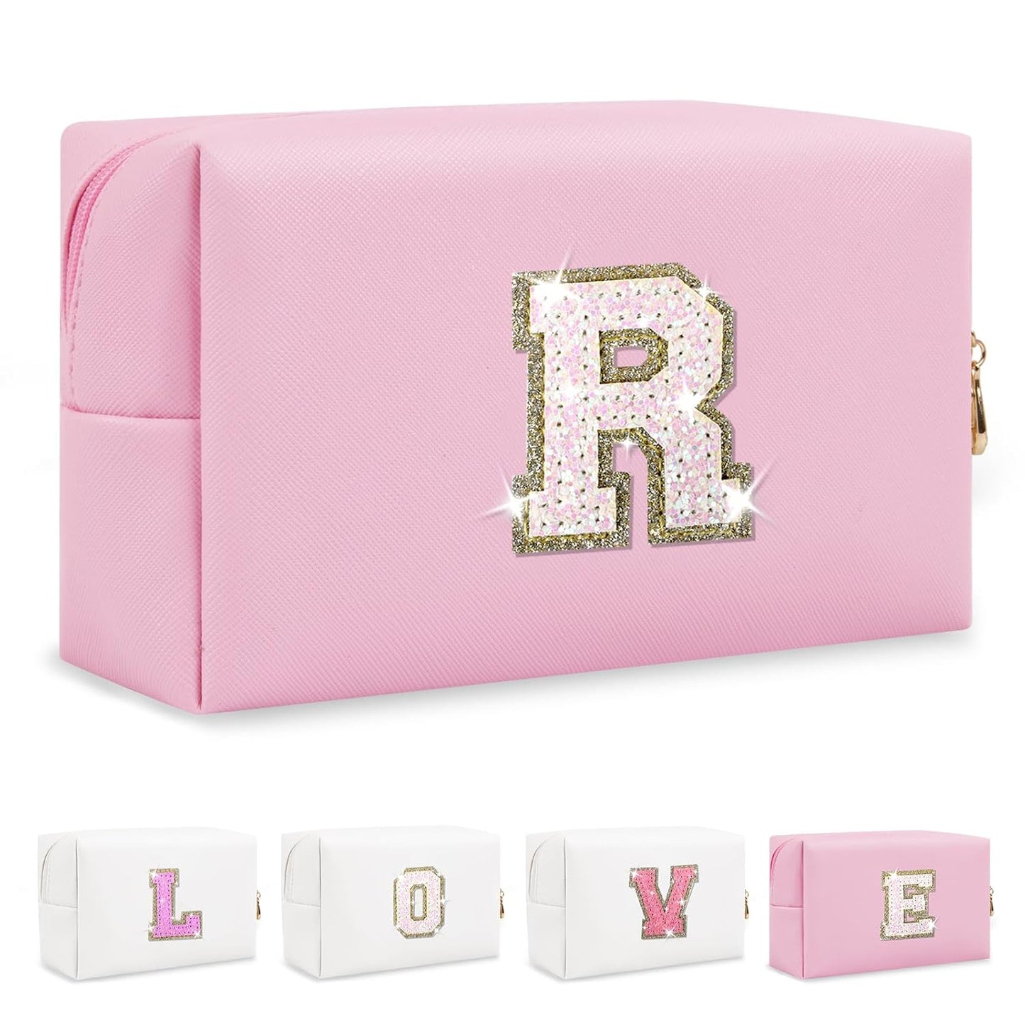Small Personalized Initial A-Z Patch Makeup Bag,Pink Cute PU Leather Glitter Letter Cosmetic Bag for Teen Girls,Travel Toiletry Bag with Zipper,Preppy Monogrammed Birthday Gift for Daughter Niece R
