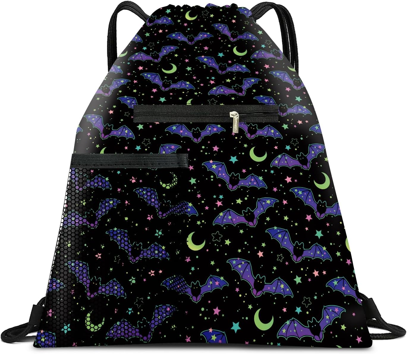 Drawstring Backpack Sports Gym Bag, Large String Swim Bag for Beach With Water Bottle Mesh Pocket, Cute Gym Sack with Zipper Pocket for Men Women Cute Black Bats