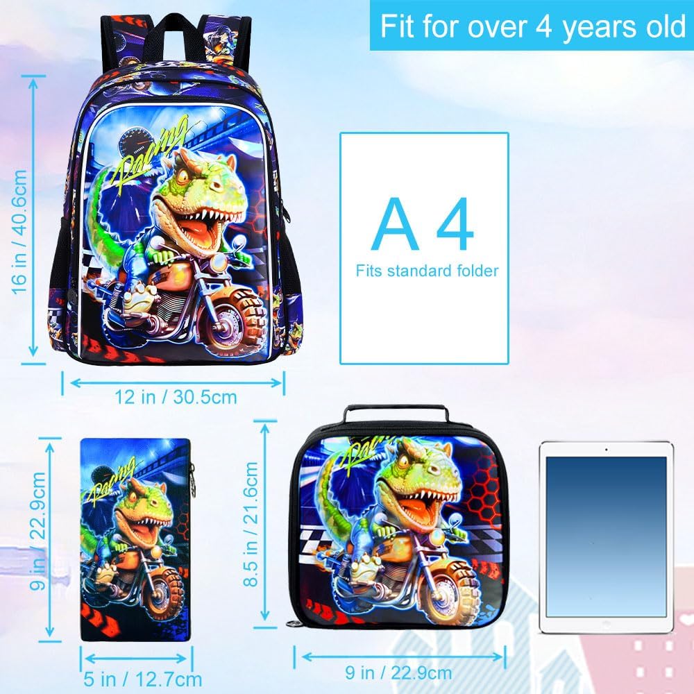 3PCS Dinosaur Backpack for Boys, 16 Inch Kids Water Resistant Preschool Elementary Kindergarten