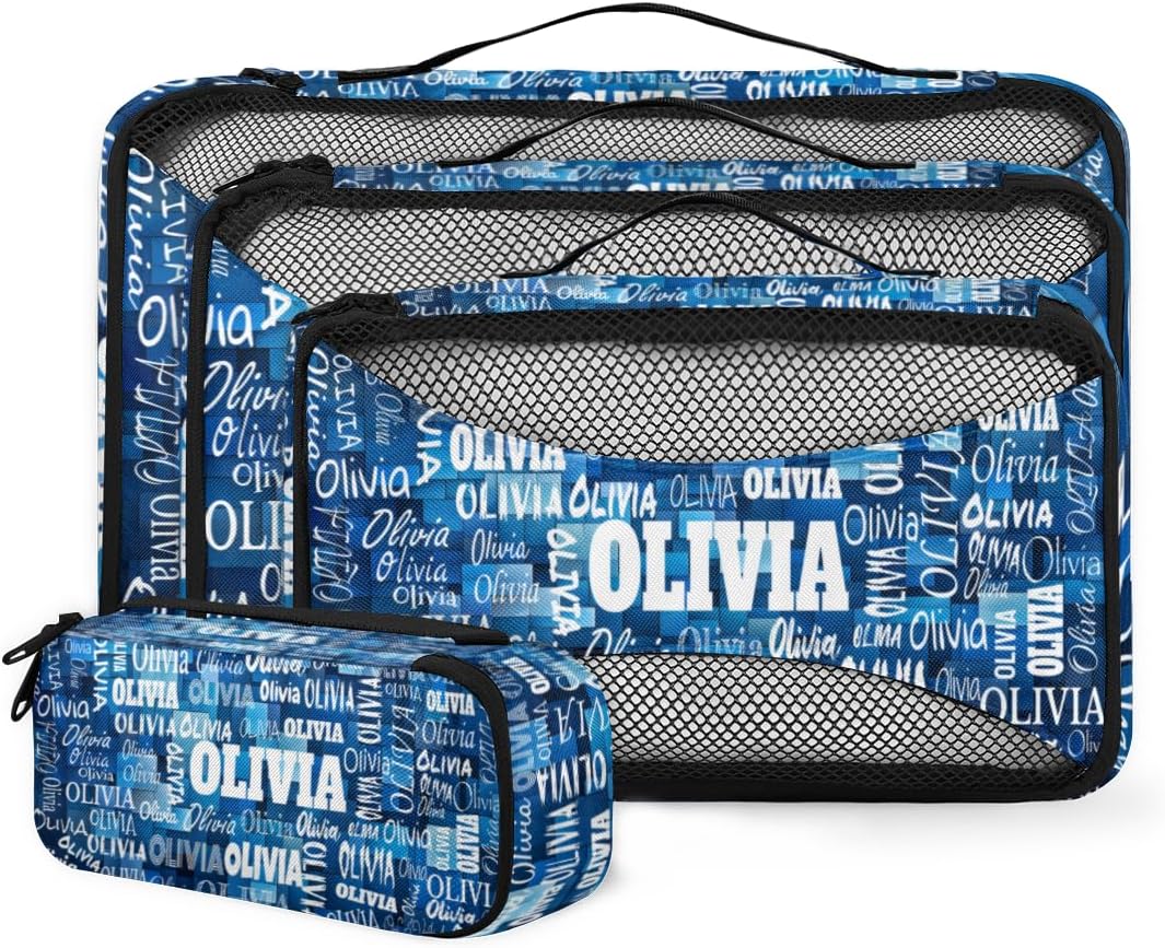 Custom 4 Set Packing Cubes for Travel, Personalized Mesh Travel Luggage Packing Organizers for Women Men, Watercolor Blue Geometric Pattern for Men Boys
