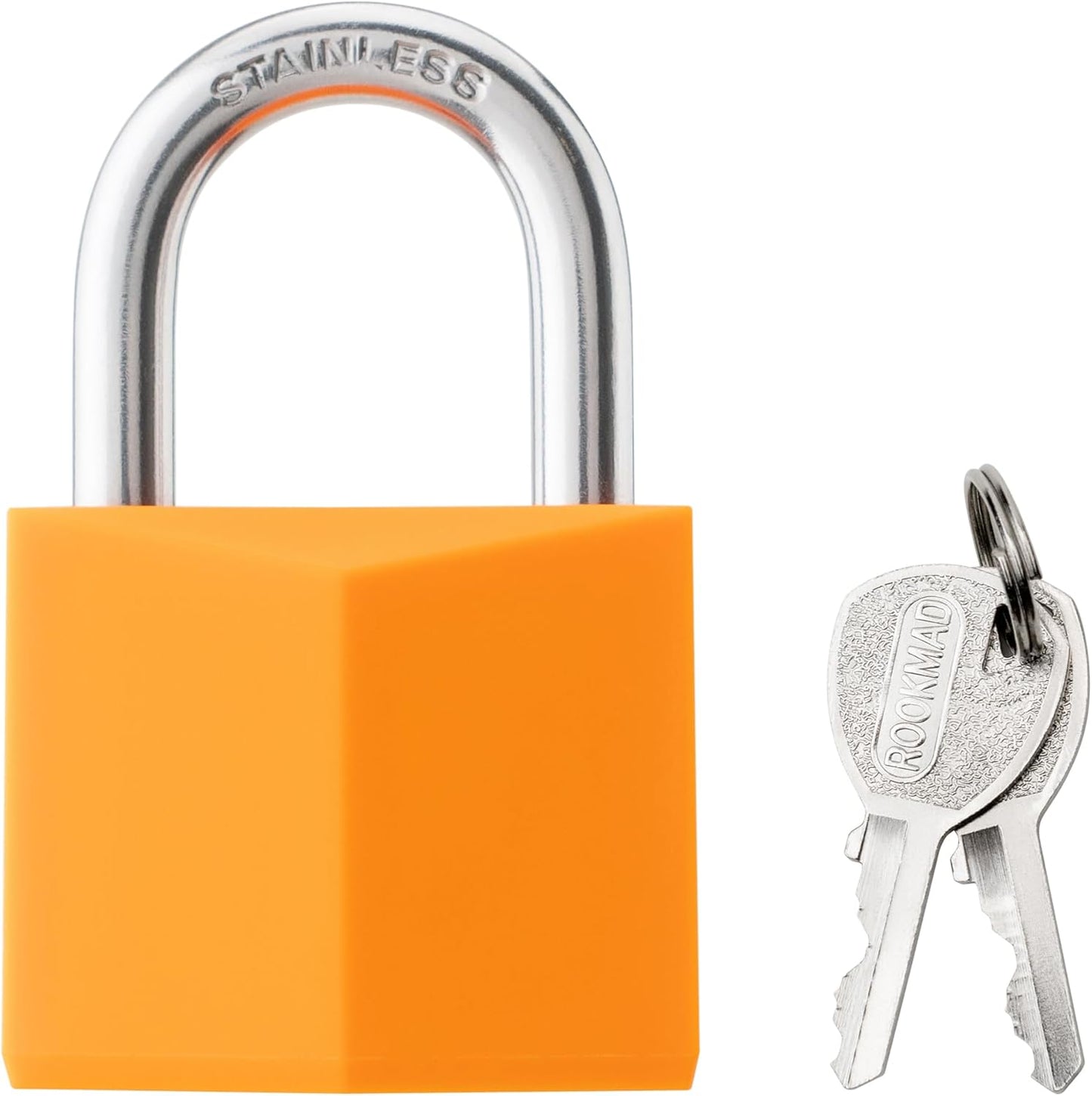 4-Pack Keyed Alike Locks, Orange Covered Brass Keyed Padlock with Stainless Steel Shackle, 1-9/16 Inch Lock Body, Rustproof Locks for Luggage Gate Fence Hasp Cabinet Toolbox Gym School Locker