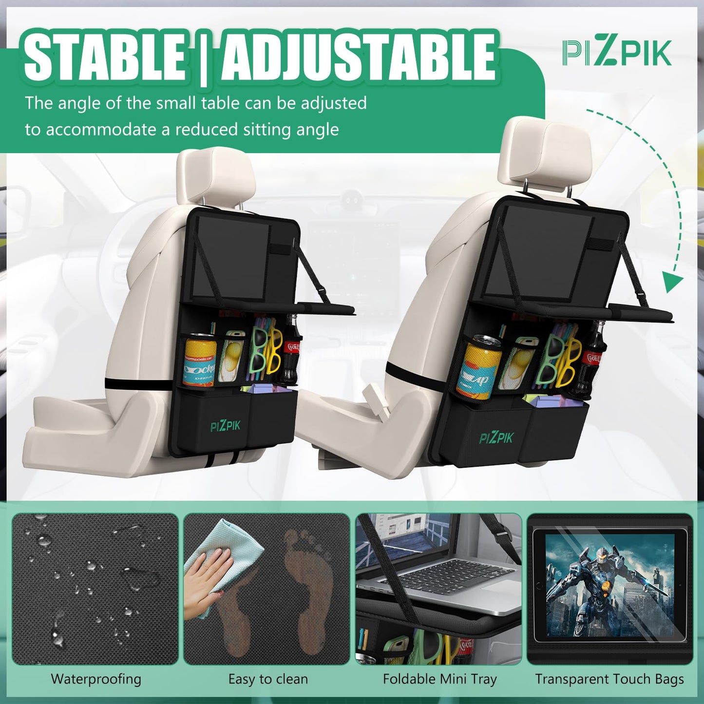 Plzpik Car Backseat Organizer with Tray(1Pack),13Storage Pockets with Foldable Food Tray, Protector