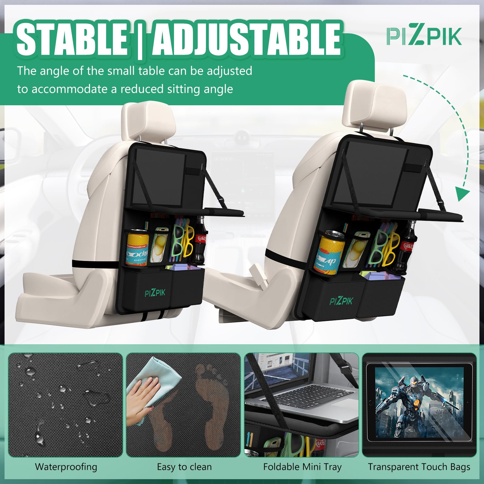 Plzpik Car Backseat Organizer with Tray(1Pack),13Storage Pockets with Foldable Food Tray, Protector