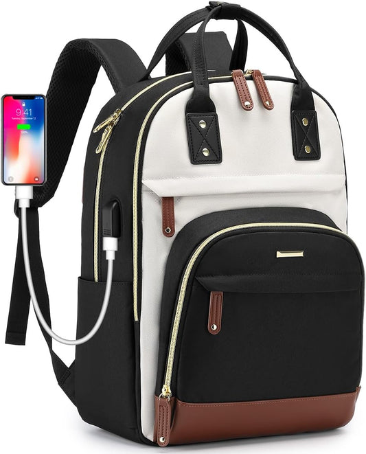 Laptop Backpack for Women Bag - 15.6 inch Work Bags with USB Charger College Bookbag Beige-Black-Brown…