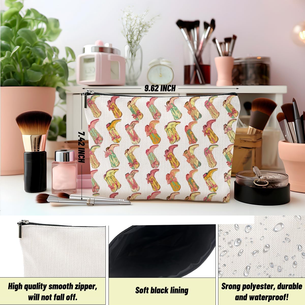 2pcs Western Makeup Bag Cowgirl Boots Cosmetic Bags for Women, Cowgirls Gifts for Women Girls Sisters Lady Boss Friends Birthday Gift, Toiletry Zipper Pouch Western Stuff Cowboy Boots Gifts