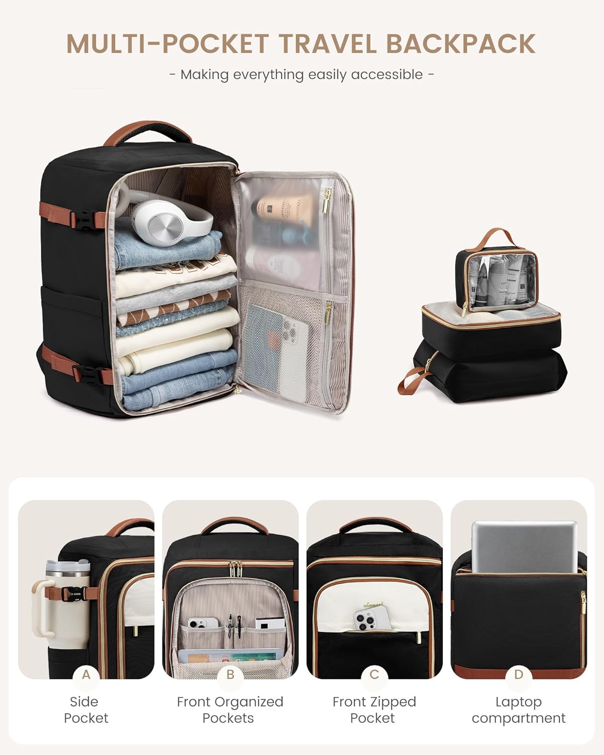 LOVEVOOK 40L Travel Backpack Carry on Flight Approved,Personal Item Bag with 3 Packing Cubes, Travel Backpack Bag for Women Fits 17" Laptop, Water-resistant Carry On Backpack for Airplanes