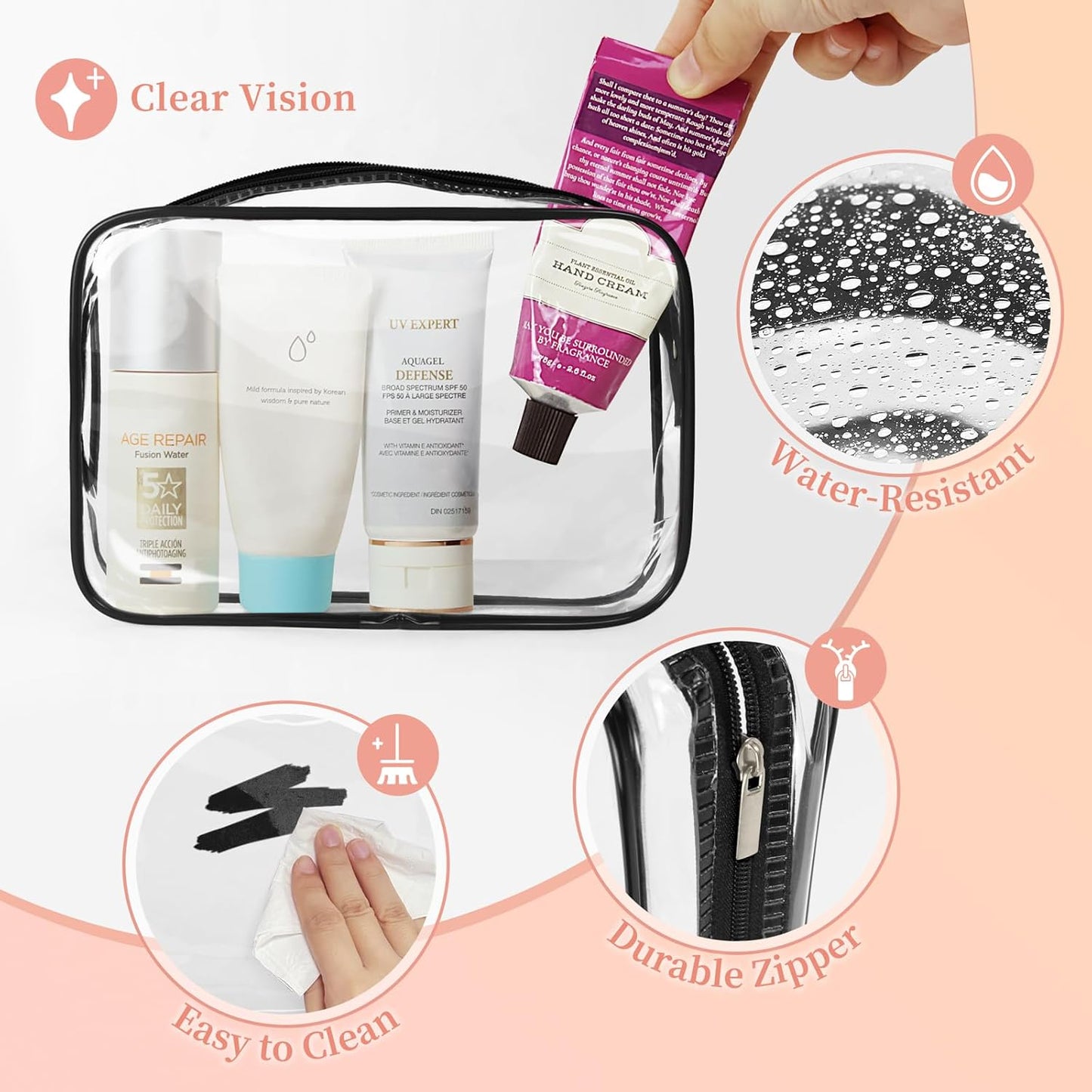 TISRATOK 12 PCS Clear Makeup Bag for Women with Zipper, TSA Approved Toiletry Pouch, Cosmetic Bag Bulk for Travel Organizer Essentials - Black,Medium
