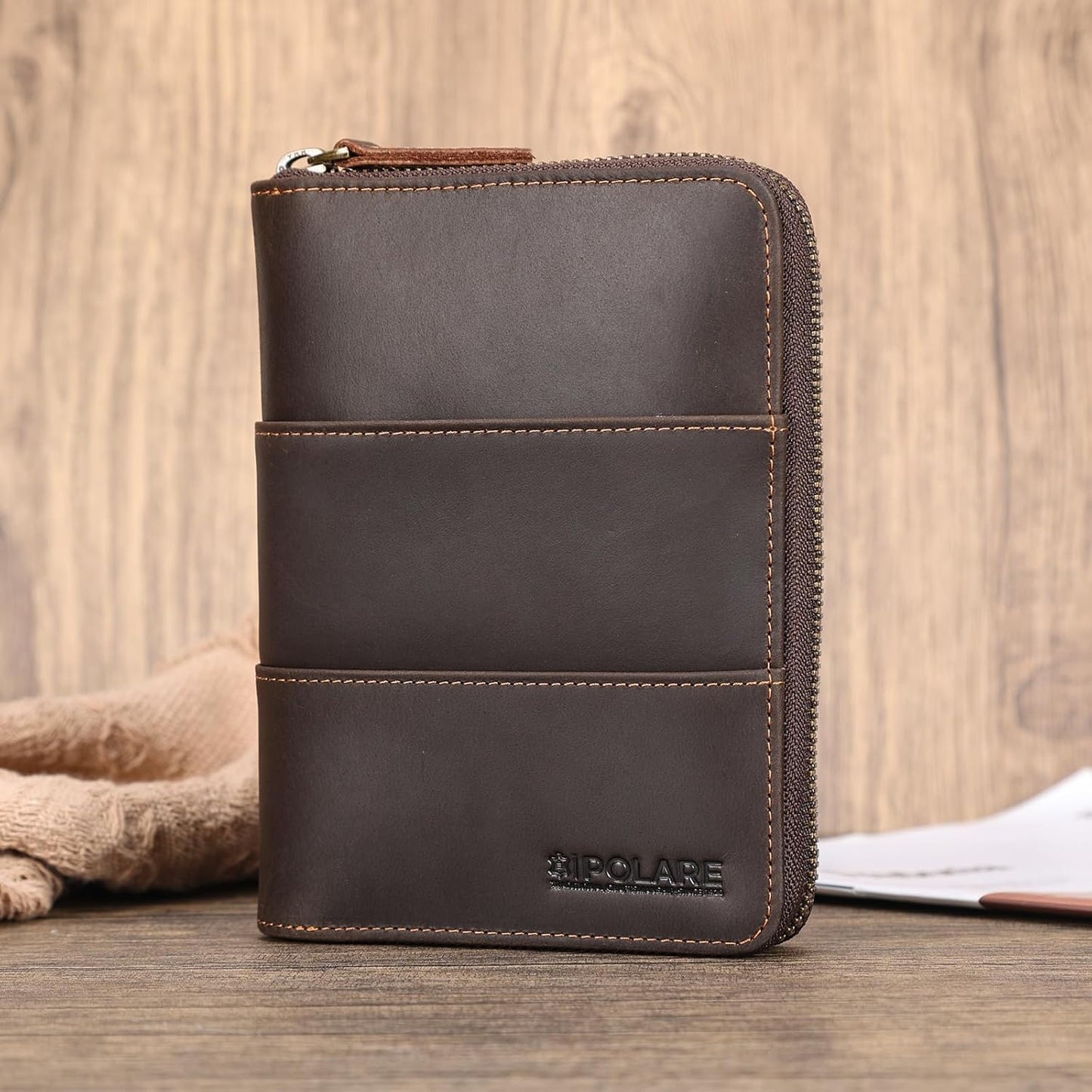 Polare Full Grain Leather Travel Passport Wallet with YKK Zipper and RFID Blocking Document Organizer Holder 2 Passports (Dark Brown with AirTag Slot)