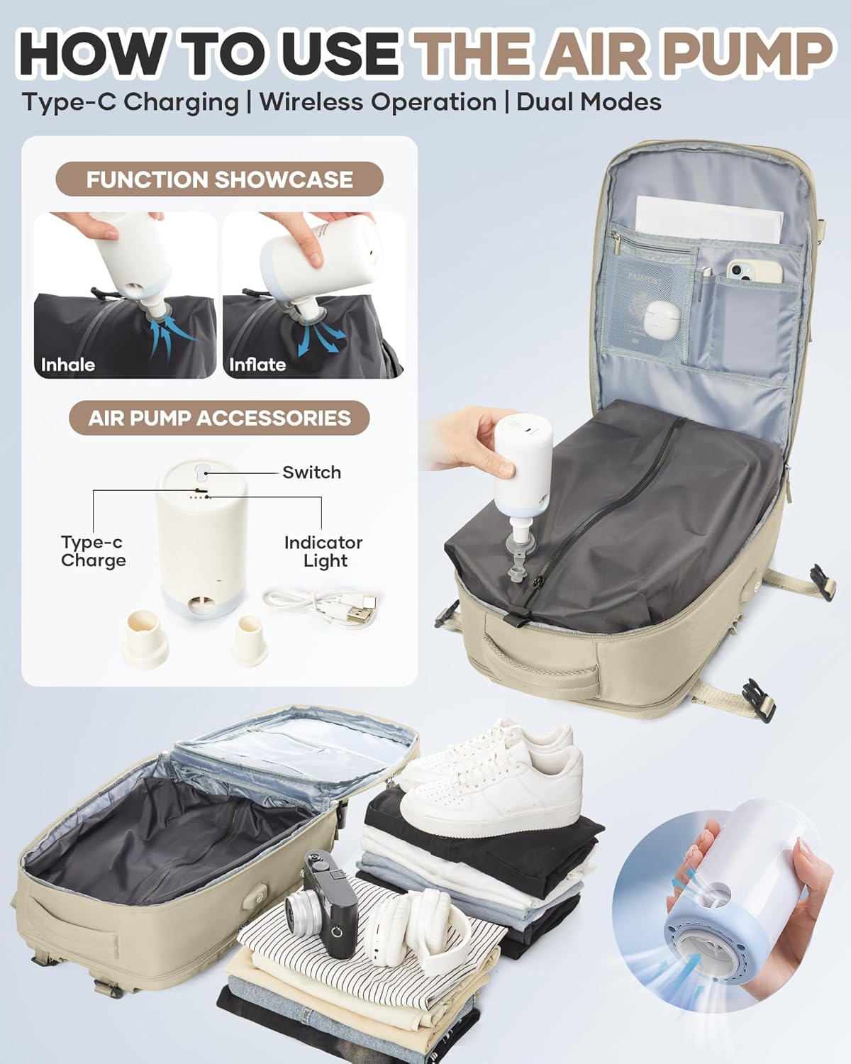 Vacuum Seal Travel Backpack with Air Pump,Compression Vacpack Waterproof Carry On Backpack for Travel Women Men with Vacuum System,Airlines Approved Daypack Laptop Space Saver Bags,Khaki