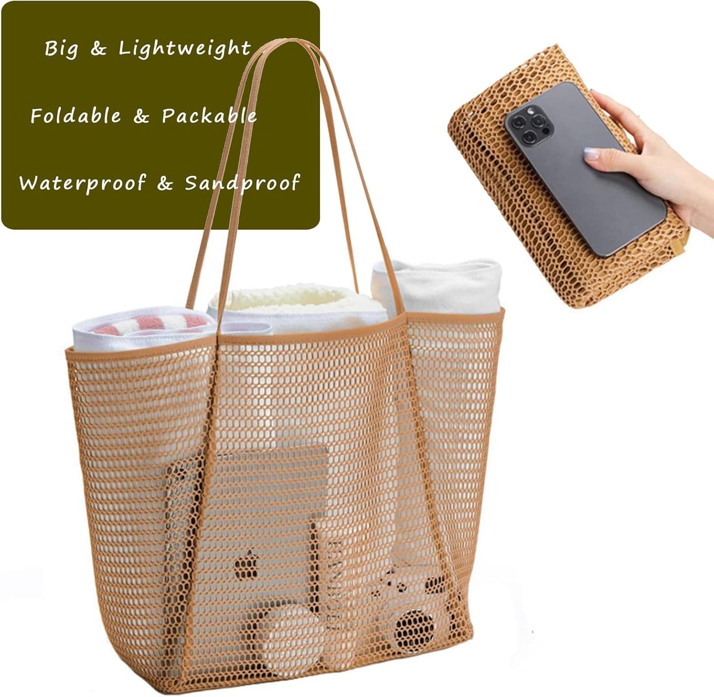 Large Beach Bags for Women, Mesh Beach Tote with Zipper, Foldable Pool Tote Bag Travel Beachbag Waterproof Sandproof
