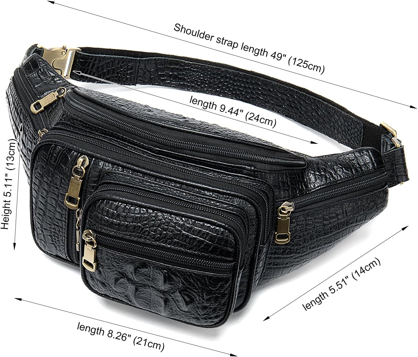 Genuine Leather Fanny Pack large capacity Crossbody Waist Bag with Zipper phone Pockets crocodile black