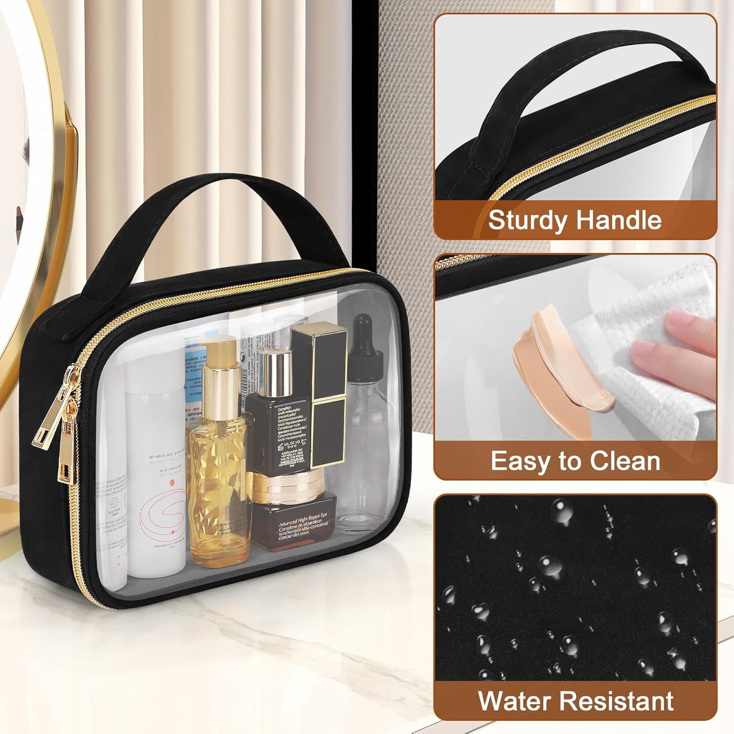 Wedama 2 Pack Toiletry Bags with Handles, Large Opening PVC Cosmetic Bags, Double Zipper, Black