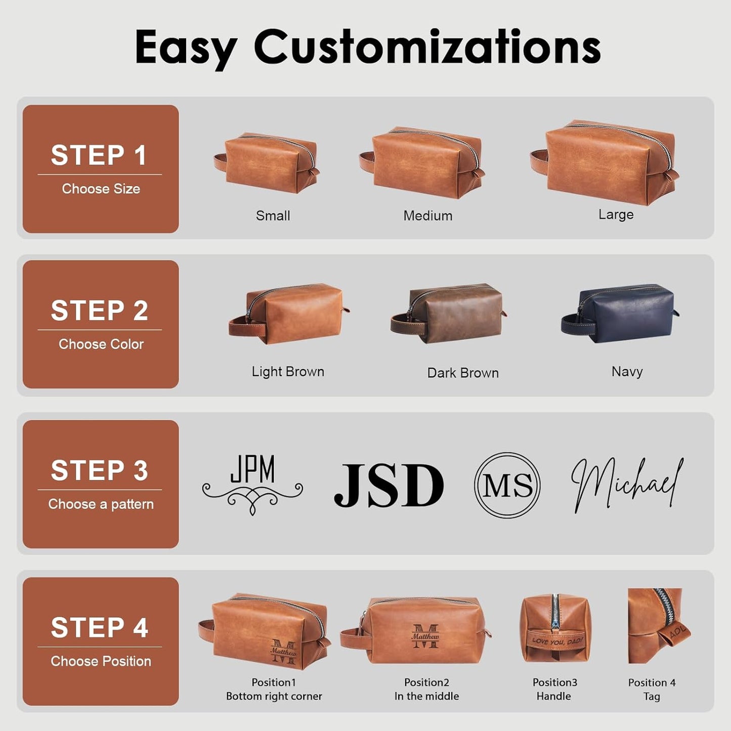 Bleggeit Personalized Leather Toiletry Bag For Men with Hook, Groomsmen Gifts Travel Bag Laser Engraved Name Monogram Gift For Him Husband Father Leather Dopp Kit (Style 3)