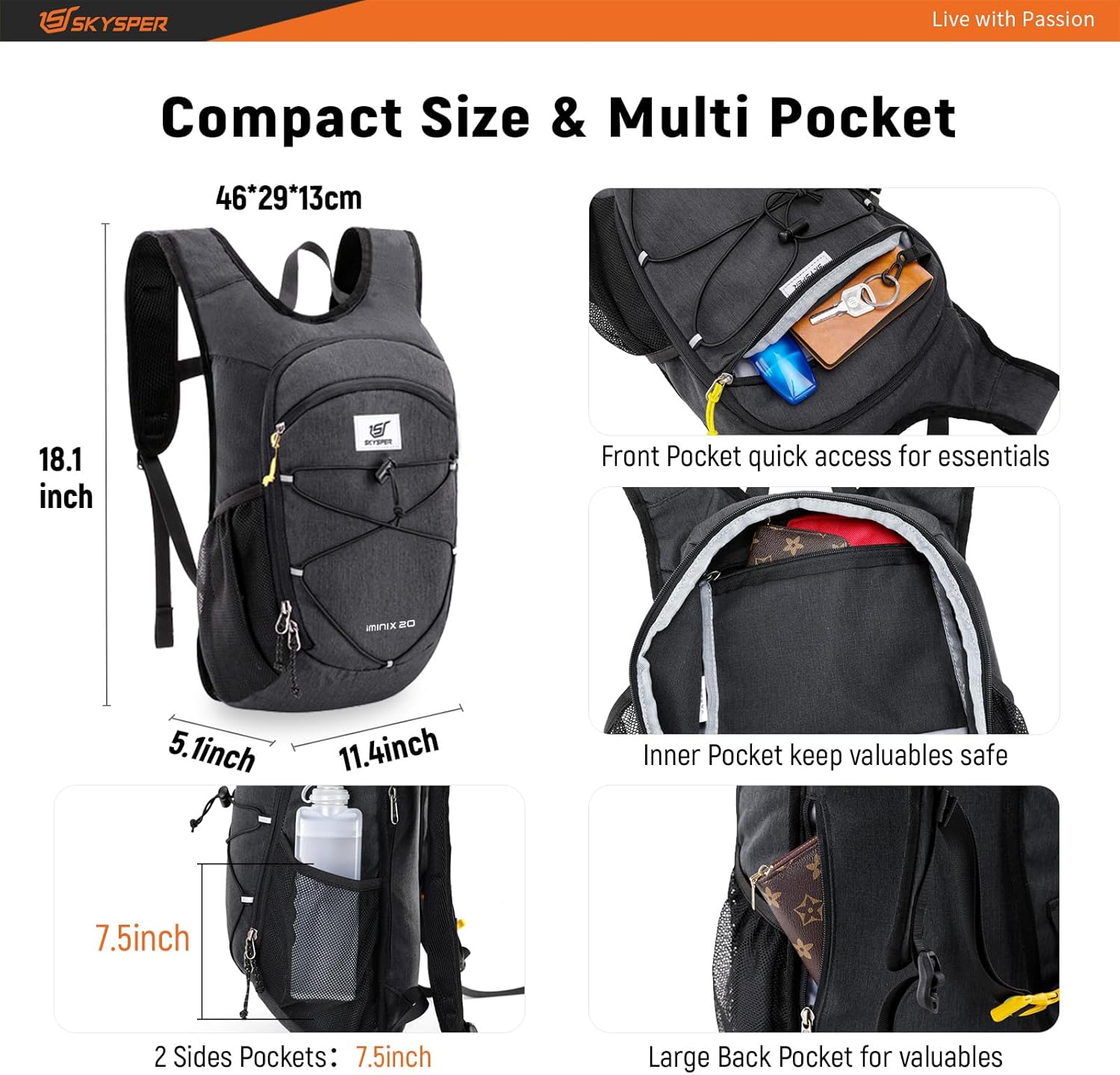 SKYSPER 15L/20L Foldable Hiking Backpack Lightweight Packable Travel Daypack with Chest Strap Small