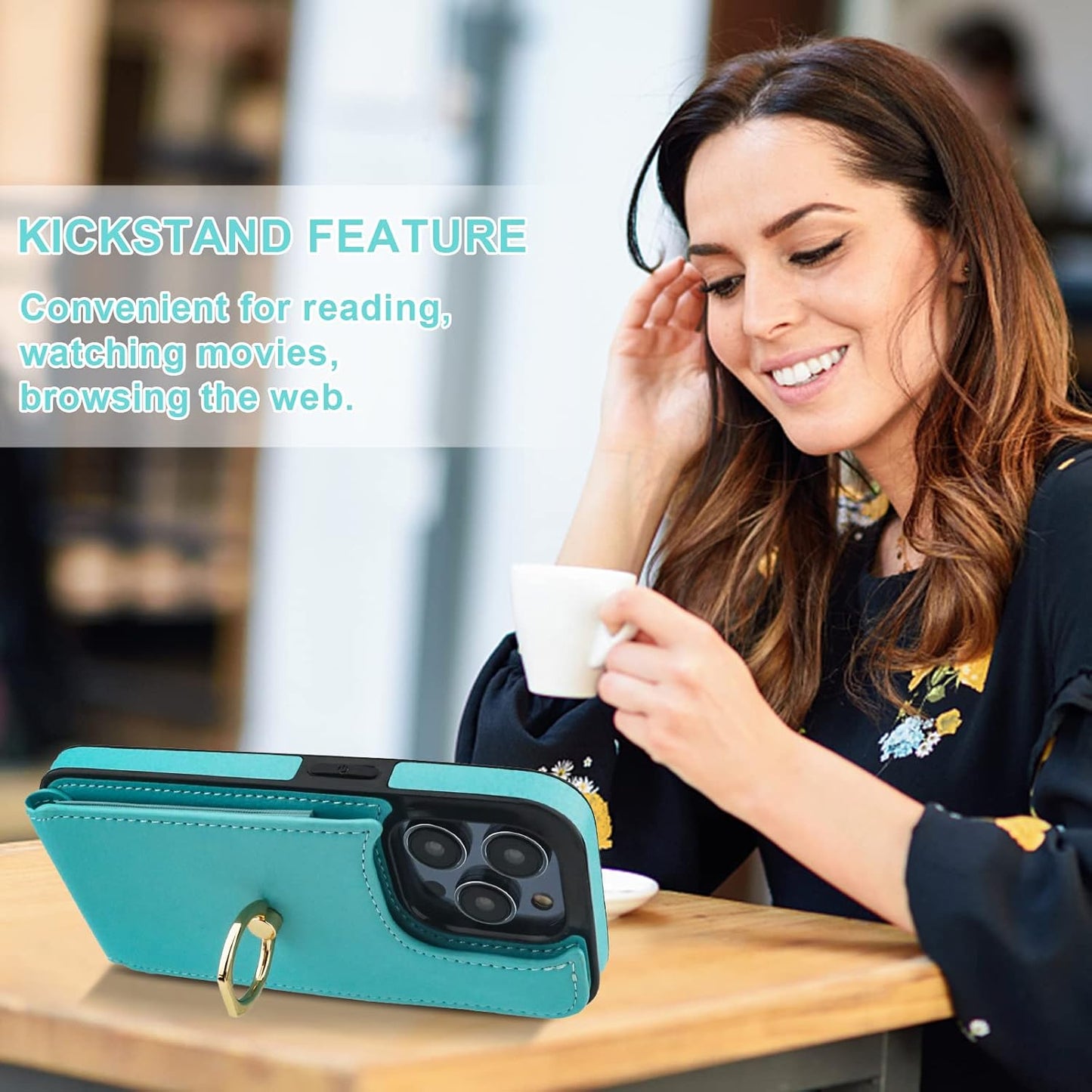 Folosu Compatible with iPhone 14 Pro Case Wallet with Card Holder, 360°Rotation Finger Ring Holder Kickstand, RFID Blocking Leather Protective Double Buttons Shockproof Cover 6.1 Inch Green