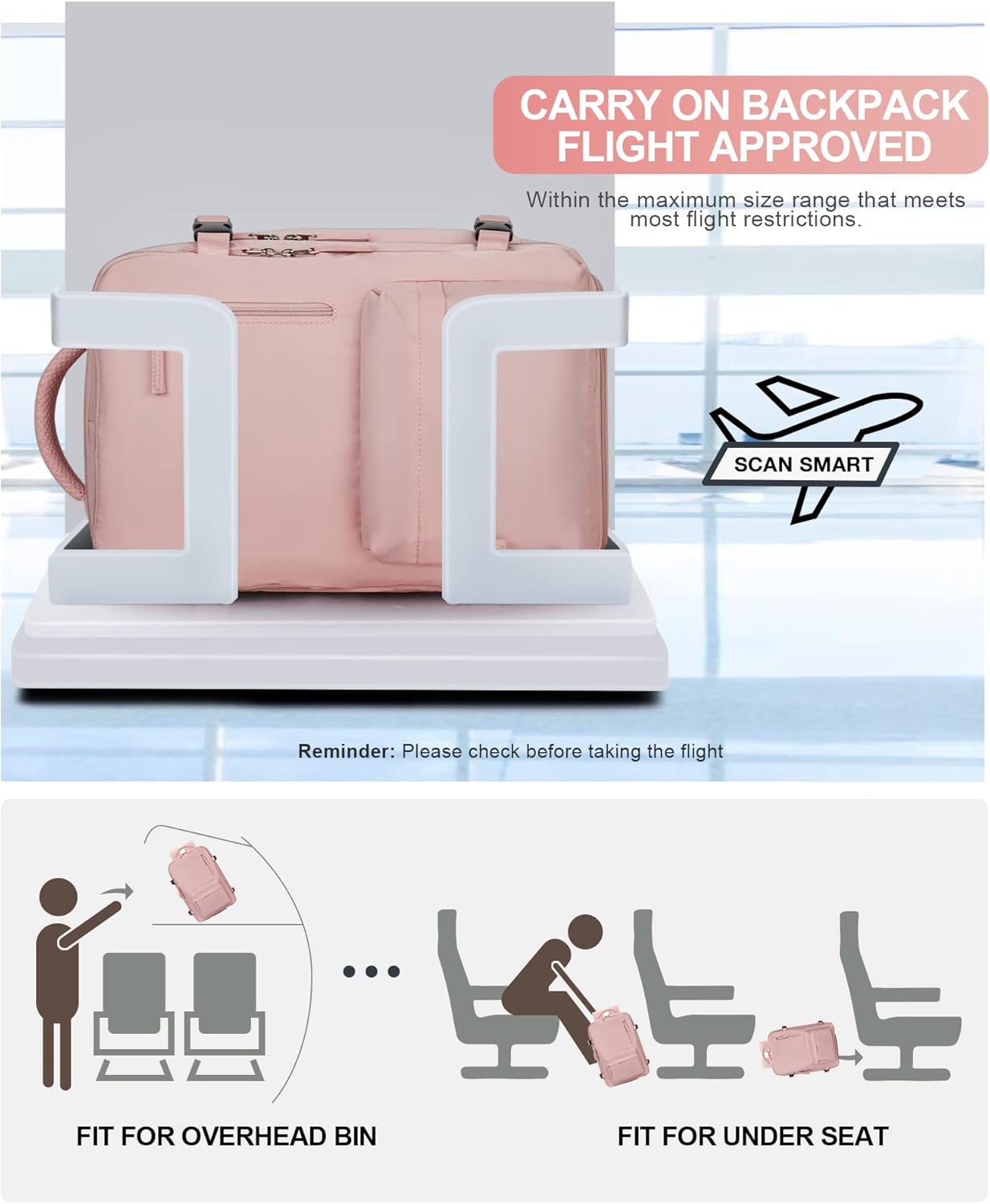 VGCUB Large Travel Backpack Bag for Women Men,Carry on Backpack,17 Inch Laptop Business Work Waterproof Backpack with Laptop Compartment,Person Item Flight Approved,Mochila de Viaje,Pink Large