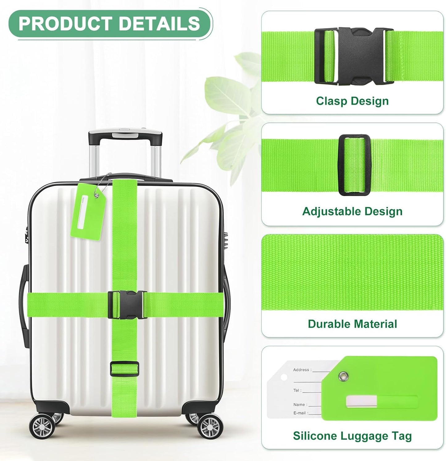 2-Sets Luggage Straps TSA Approved, Travel Straps for Luggage Suitcase Tags Set, Adjustable Suitcase Belt [Bright Green]