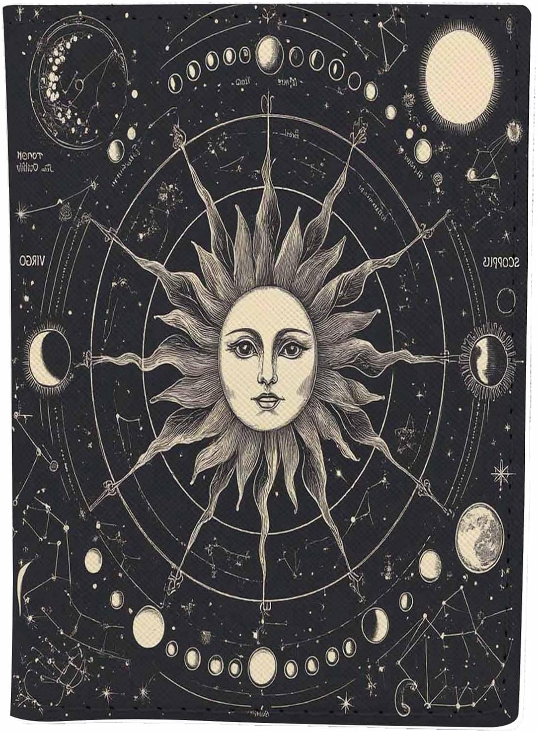 Moon Phases Passport Holder for Travel Vintage Engraving Style Zodiac Signs PU Leather Passport Cover Wallet Cute Passport Card Holder for Women and Men