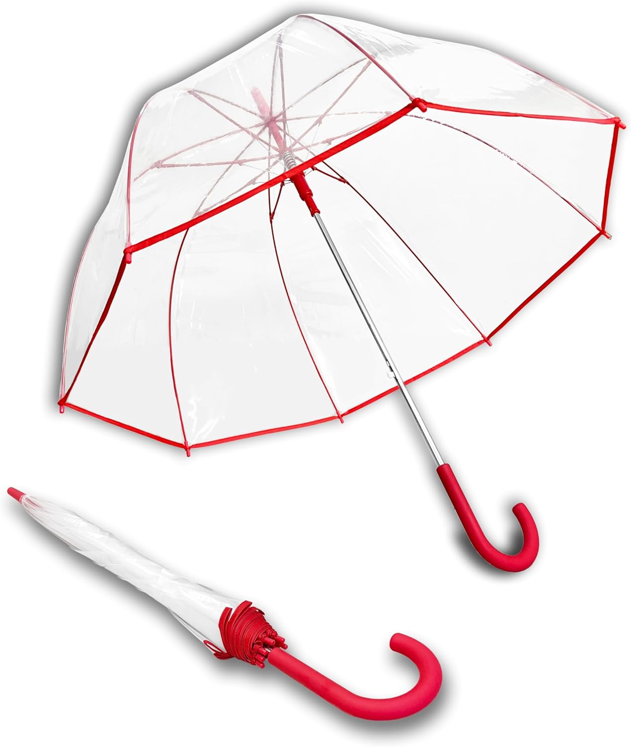 Weather Station Clear Dome Rain Umbrella - Automatic Open, Bubble, Transparent, Red Trim