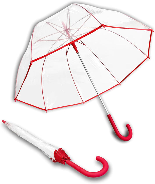 Weather Station Clear Dome Rain Umbrella - Automatic Open, Bubble, Transparent, Red Trim