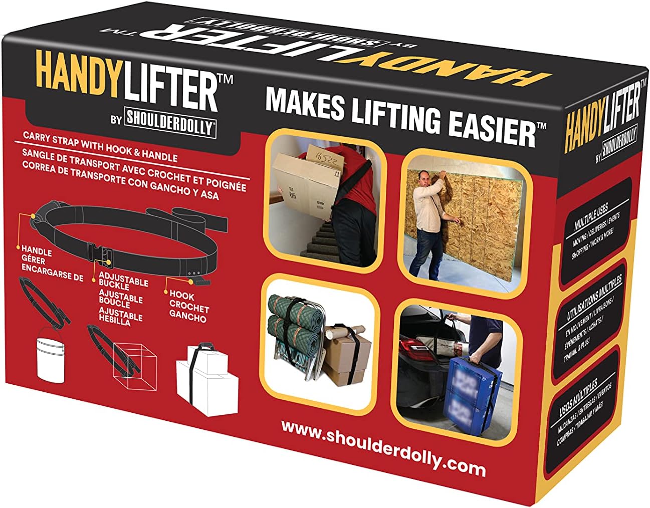 Shoulder Dolly HandyLifter Carrying Strap with Hook & Handle for Easy Lifting. Move, Lift, Carry, and Secure Boxes, Luggage, Groceries, and Heavy Objects Safely and Efficiently, Black