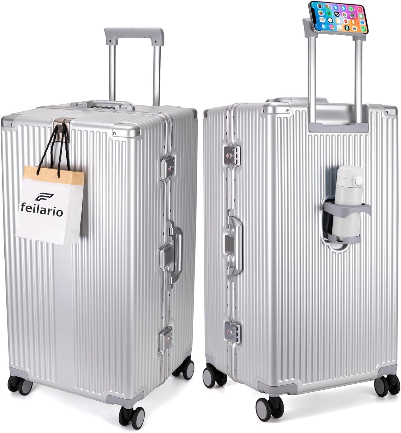 feilario 30in Super Large Captain Aluminum Frame Hardside Spinner Wheels Luggage, Removable Wheels Zipperless Checked Suitcase with Cup Holder/Phone Holder