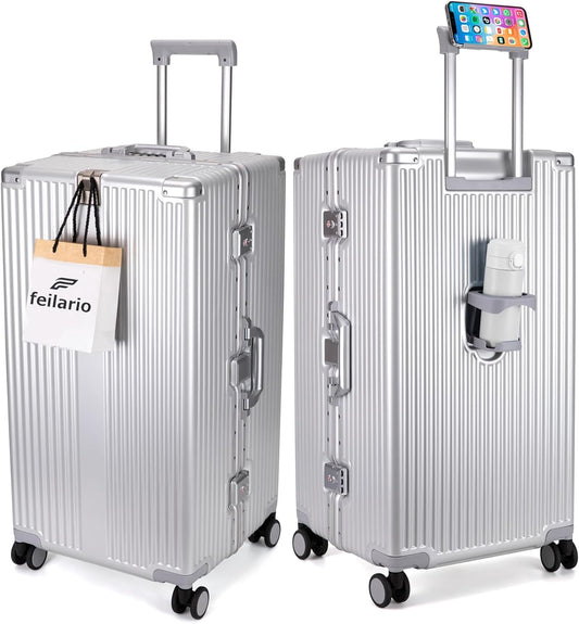 feilario 30in Super Large Captain Aluminum Frame Hardside Spinner Wheels Luggage, Removable Wheels Zipperless Checked Suitcase with Cup Holder/Phone Holder