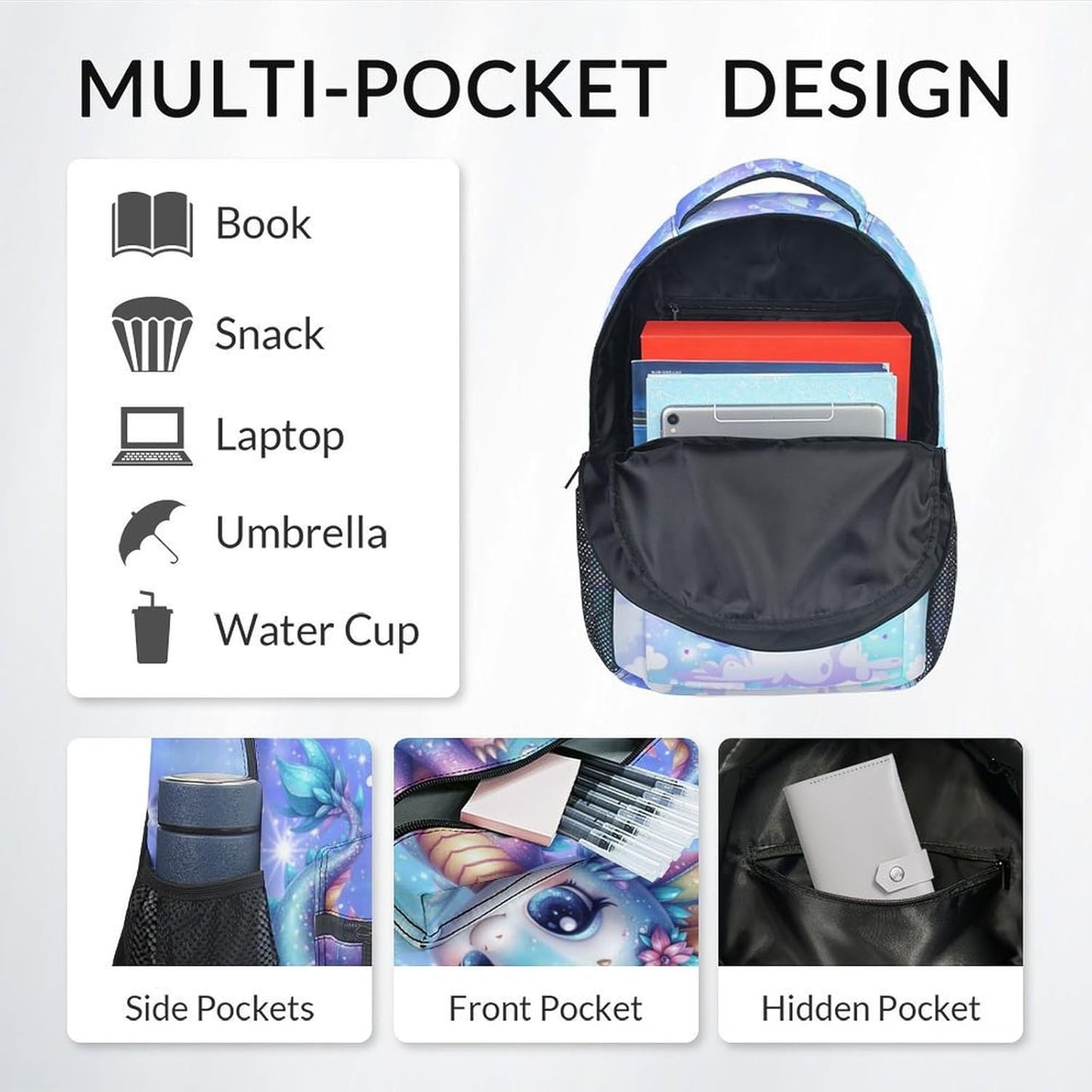 Girls Backpack - Cute School Bookbag - Dragon Backpack for Kids - Back to School Gifts for Child - 17 Inch Toddler Back Pack for Primary Preschool