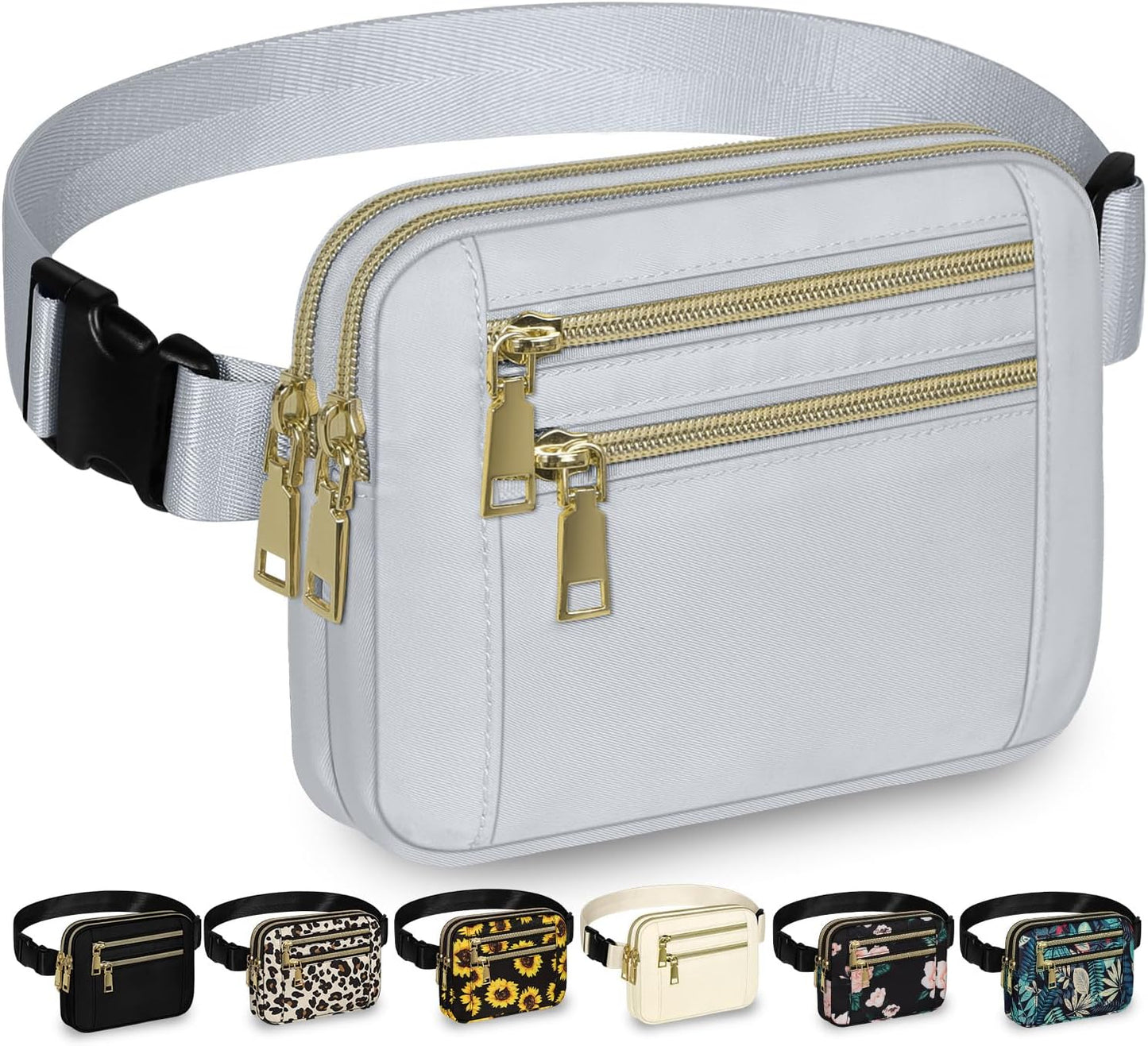 Capolo Fanny Packs for Women Fashion Waist Packs Bag with Adjustable Strap and 4 Zipper Pockets Waterproof Everywhere Crossbody Belt Bag for Workout Running Travelling(Light Grey)