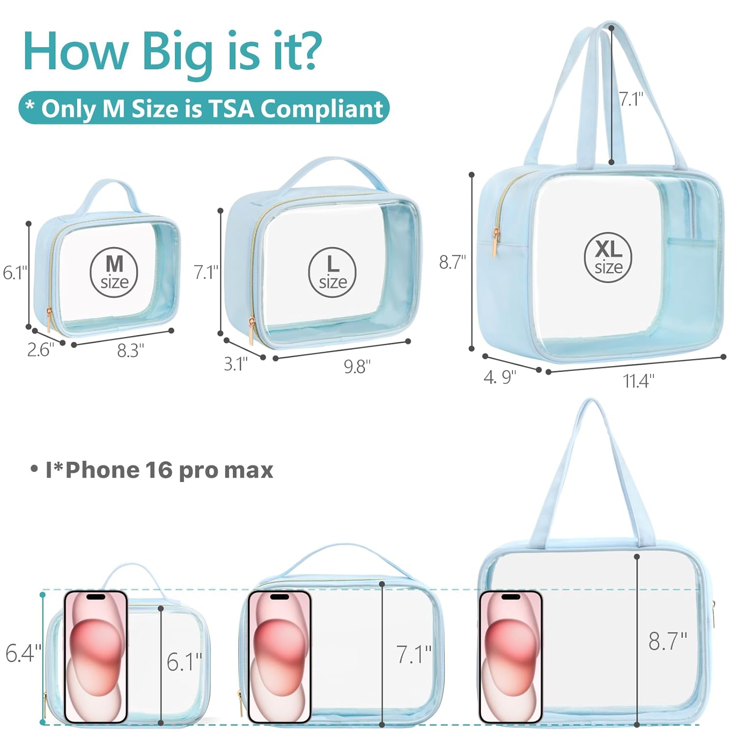 PACKISM Clear Makeup Bag - 3 Pack TSA Approved Toiletry Bag with Handle and 180° Large Opening